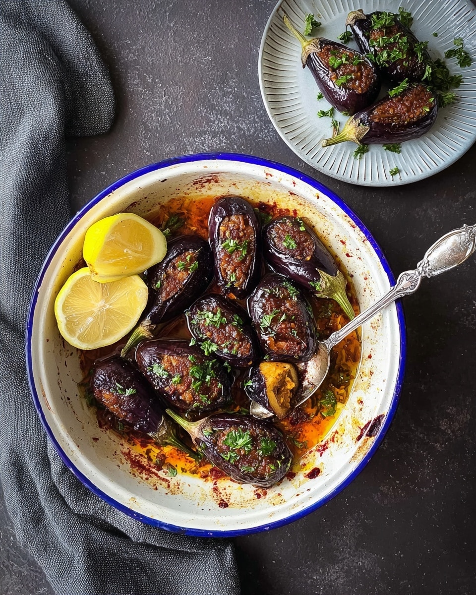 A white enamel bowl with a blue rim contains about twelve small stuffed dark purple eggplants, arranged mostly around the edges, with one cut open showing a light brown filling. The eggplants have a textured, slightly wrinkled surface and are garnished with green chopped herbs. Two bright yellow lemon wedges are placed on top near the eggplants. The bowl has some reddish-brown sauce residue around the sides and some sauce pooling at the bottom. A silver spoon with a decorative handle rests inside the bowl on the right side, holding one eggplant. In the top right corner, a white plate with a ridged edge holds two more eggplants garnished with green herbs. The whole scene is set on a dark surface with a gray cloth partially visible on the left. Photo taken with an iphone --ar 4:5 --v 7