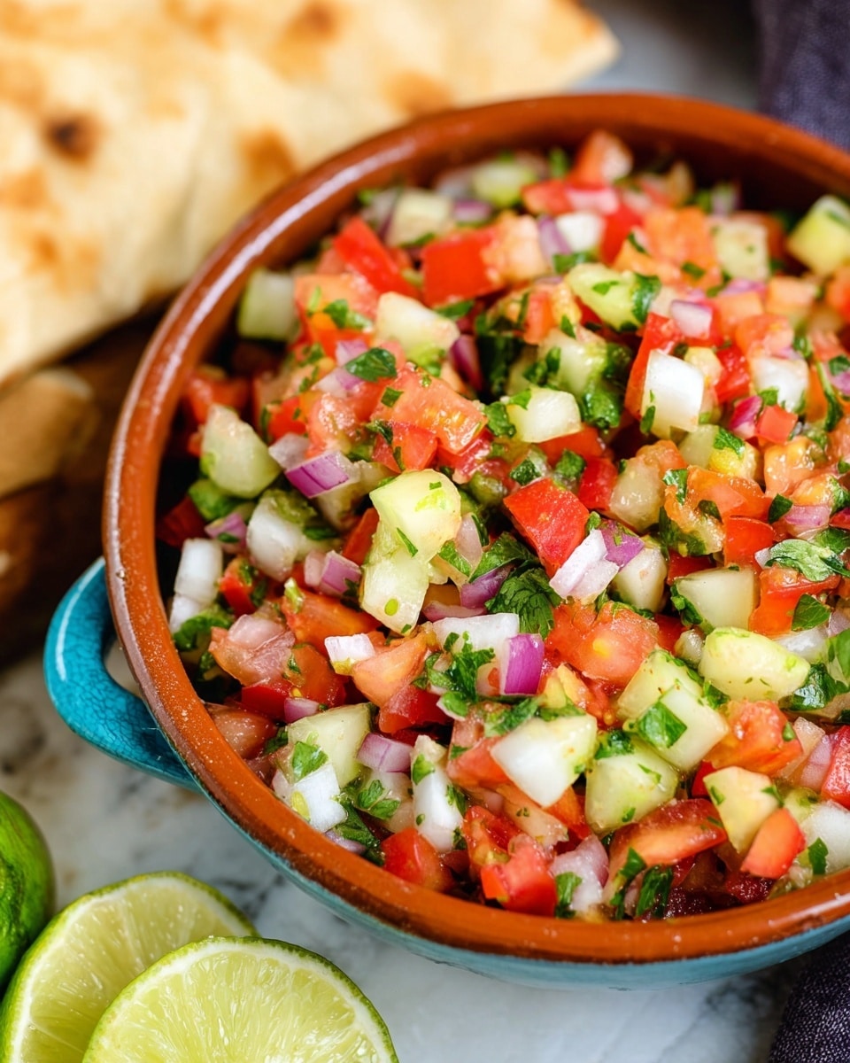 A close-up view of a bowl filled with a colorful salad made of small chopped pieces of red tomatoes, white cucumber, red onion, and green cilantro leaves, all mixed together. The bowl is terracotta colored with soft blue handles, sitting on a white marbled surface with lime wedges nearby and a piece of flatbread slightly blurred in the background, showing a fresh and vibrant mix of ingredients. Photo taken with an iphone --ar 4:5 --v 7