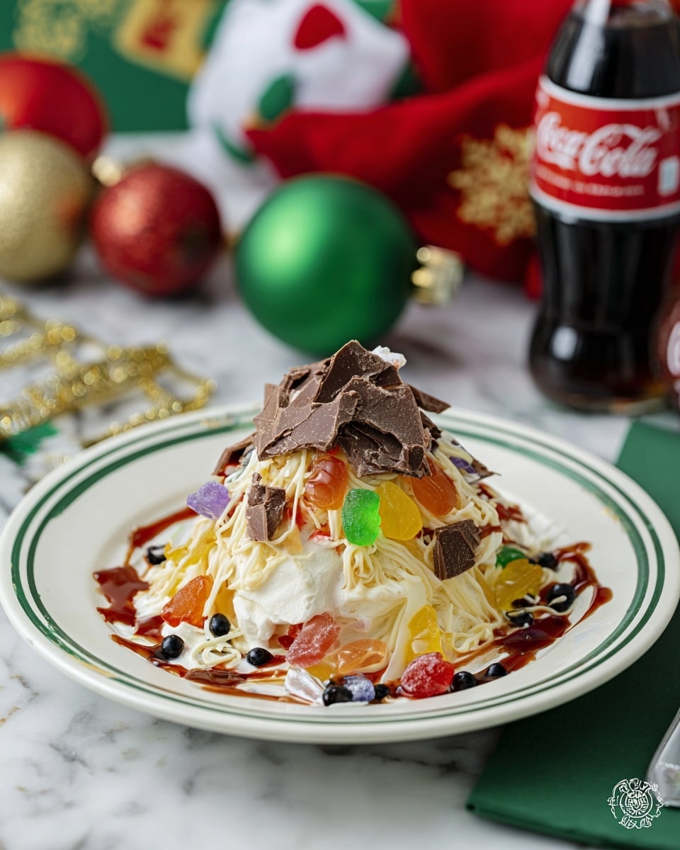 The dish is a colorful dessert served on a white plate with a green rim, placed on a white marbled surface. It has a base layer of creamy white ice cream shaped like a mound, topped with thin strands of what looks like vanilla or white chocolate that resemble spaghetti. Scattered over this are small gummy candies in bright orange, yellow, green, and purple, along with tiny black and white candy beads. There are broken pieces of dark brown chocolate wafer bars spread on top, and the whole dessert is drizzled with red and dark brown syrup creating a glossy texture. Around the plate, Christmas decorations and a bottle of Coca-Cola add a festive touch. Photo taken with an iphone --ar 4:5 --v 7