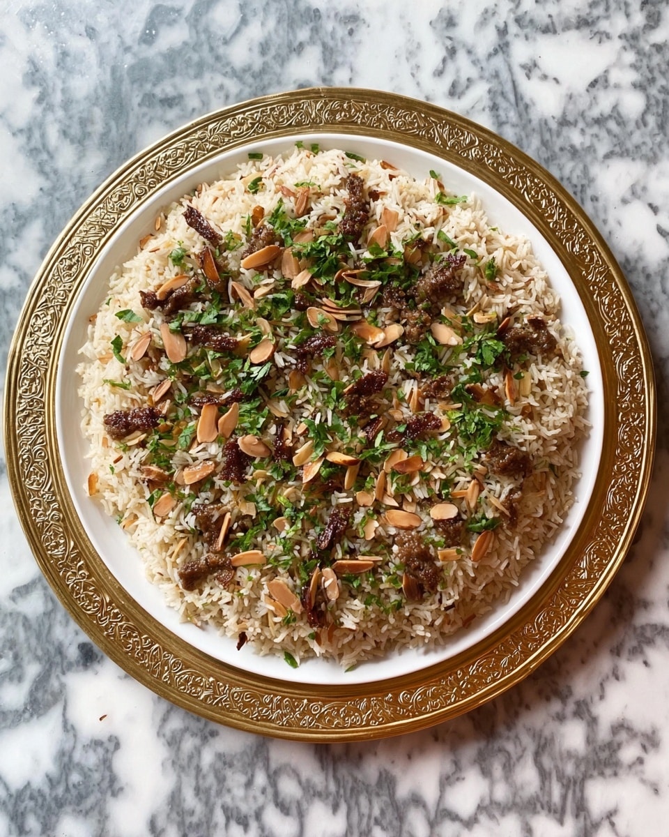 A round white plate holds a round golden tray with intricate edges. Inside the tray is a dish made of cooked rice mixed with small chunks of brown meat, topped with scattered roasted slivered almonds in a darker brown, and garnished with chopped fresh green herbs spread evenly over the top layer. The rice is light beige with a slightly moist texture, and the dish looks full and mixed but well arranged. The whole setting is on a white marbled surface. photo taken with an iphone --ar 4:5 --v 7