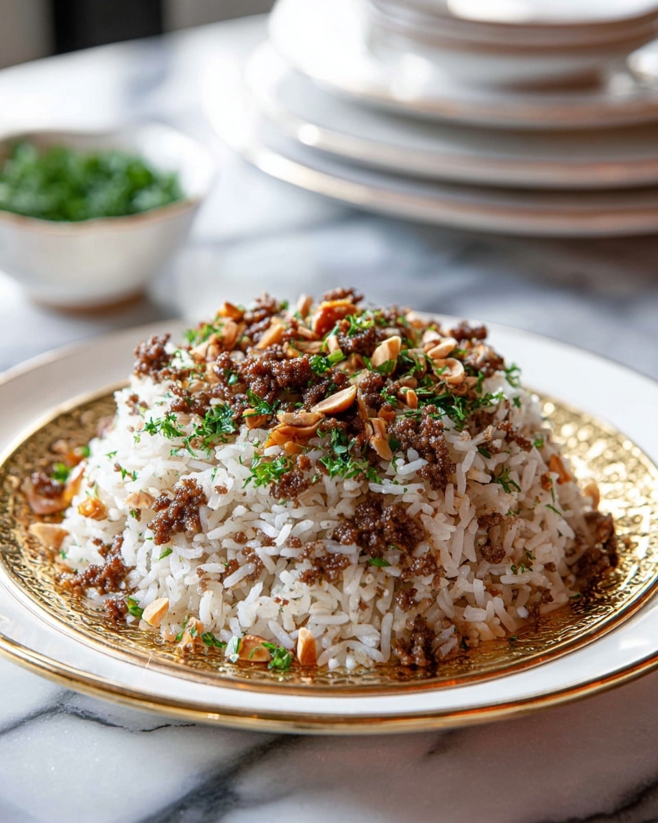 The dish is a close-up of a mound of cooked white rice mixed with small pieces of browned ground meat, garnished with chopped green herbs and golden toasted nuts scattered on top. It is served in a white plate topped with a decorative golden round tray. The background shows stacked white plates and bowls, with a small white bowl containing green herbs, all set on a white marbled surface. The lighting is soft and natural, highlighting the texture of the rice and the crispiness of the nuts. Photo taken with an iphone --ar 4:5 --v 7