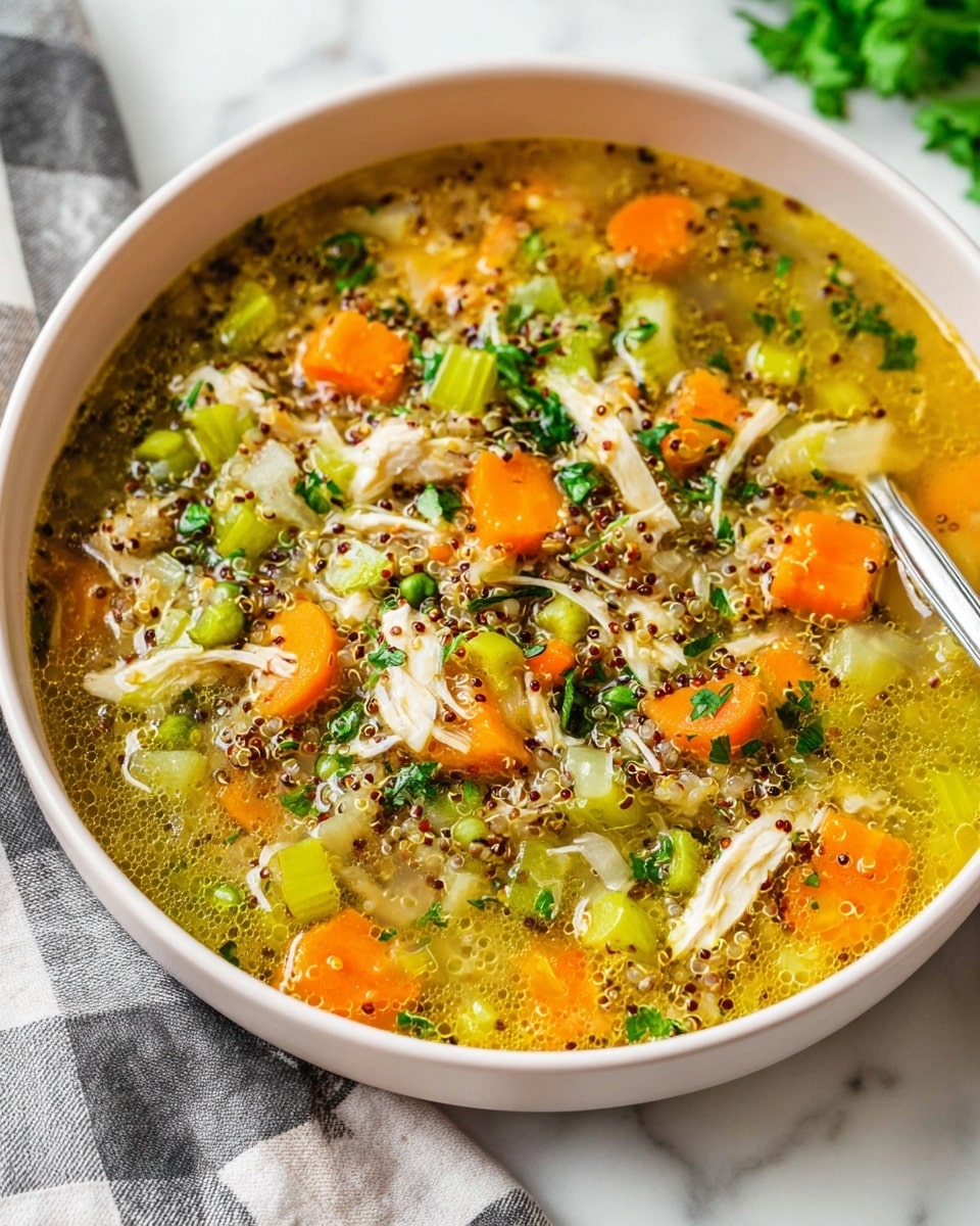 A bowl of clear soup filled with shredded white chicken pieces, bright orange carrot cubes, light green celery chunks, green peas, and grain-like quinoa. The soup has a yellowish broth with small oil droplets on top, and fresh green herbs are sprinkled over the surface. The bowl is white, sitting on a white marbled surface with a grey and white checkered cloth nearby. A silver spoon is partially visible in the soup. photo taken with an iphone --ar 4:5 --v 7
