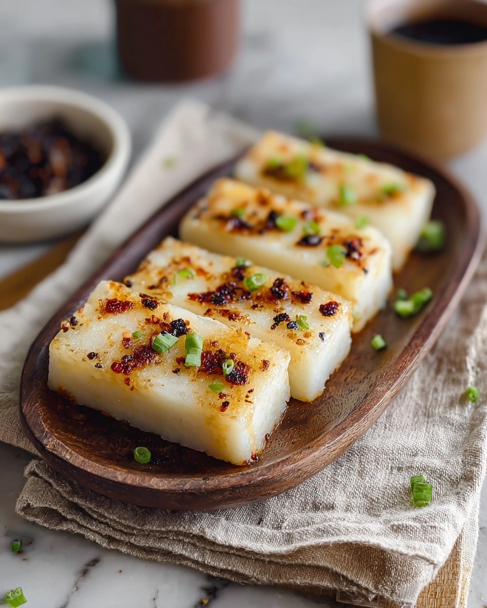 Four rectangular pieces of white, soft textured food with a golden brown charred crust on top are placed side by side on a dark wooden oval plate. Each piece has small bits of green onion sprinkled on top and lightly browned spots, showing a crispy texture. The plate sits on a loosely folded beige cloth on a table with a white marbled texture. In the background, there is a blurred white bowl with dark contents and a brown cup. photo taken with an iphone --ar 4:5 --v 7