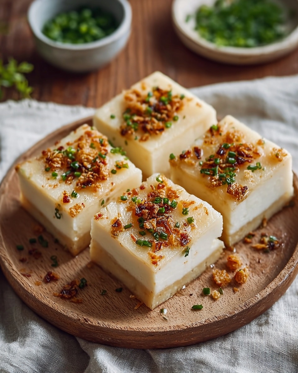 The image shows four square pieces of food arranged neatly on a round white plate. Each piece has three visible layers: a light beige base, a thick creamy white middle layer, and a topping with small golden-brown crispy bits and green chopped herbs sprinkled on top. The pieces have a soft, smooth texture with some shiny spots on the top layer. The plate is set on a wooden surface with a soft cloth nearby and a small bowl of green chopped herbs placed in the background. photo taken with an iphone --ar 4:5 --v 7