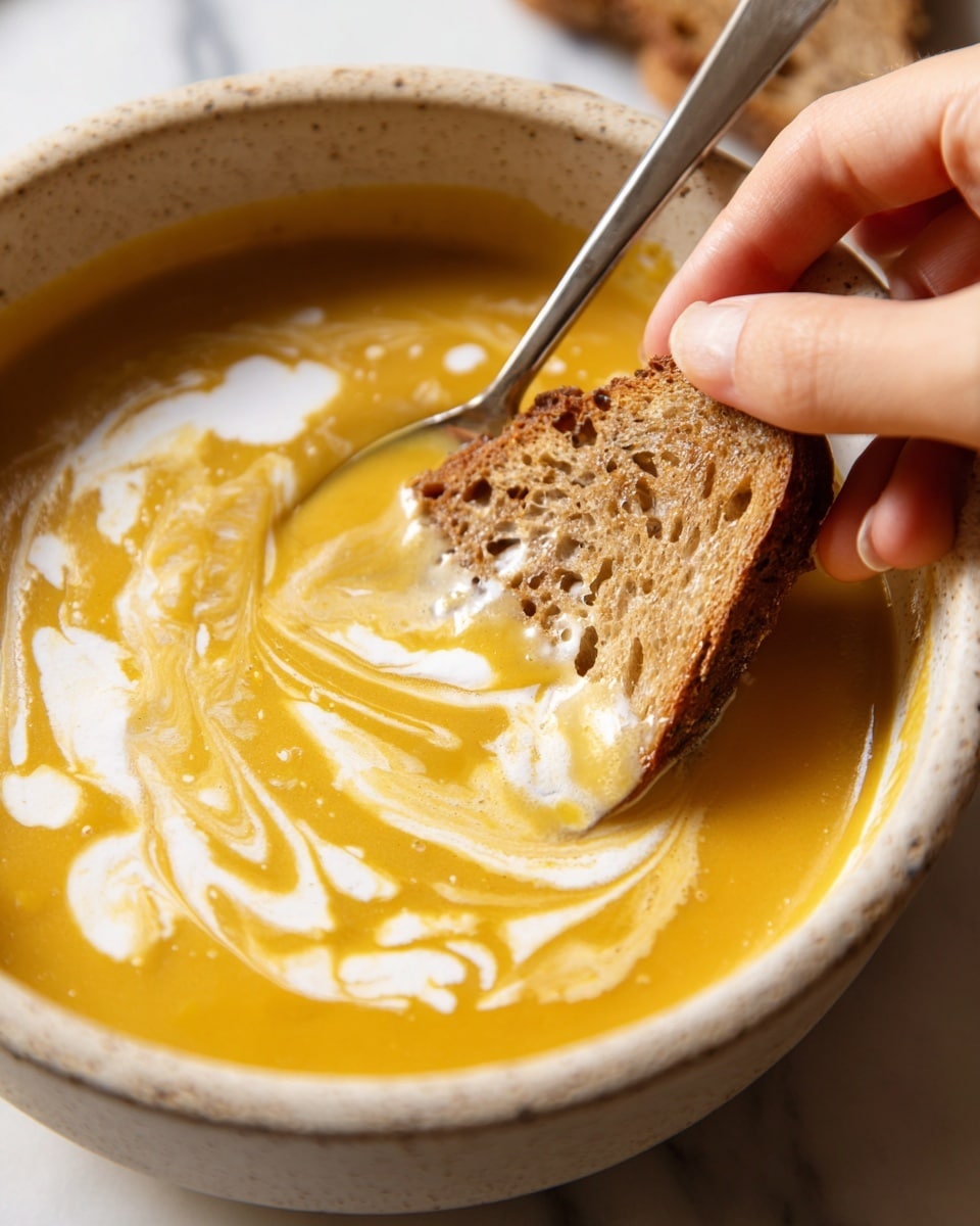 A close-up image of a bowl filled with smooth, creamy pumpkin soup in a light beige speckled bowl. The soup has a rich golden-orange color with white swirls of cream gently mixed on the surface, adding a soft, flowing texture. A crispy slice of brown toasted bread with air holes is being dipped into the soup by a woman's hand, held delicately on the right side of the frame. A silver spoon rests inside the bowl against the left edge. The whole setup is on a white marbled surface. Photo taken with an iphone --ar 4:5 --v 7