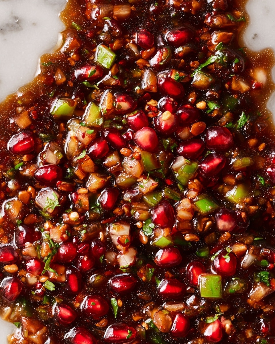 This close-up image shows a sauce made of finely chopped ingredients all mixed together. The sauce has a glossy, thick texture with a dark brown color as the base, dotted with small pieces of pale green, light tan, and bright red. The red pieces are shiny pomegranate seeds that add bursts of bright color throughout. Small bits of green herbs are scattered around, adding contrast. The mixture looks moist and chunky on a white marbled surface. photo taken with an iphone --ar 4:5 --v 7