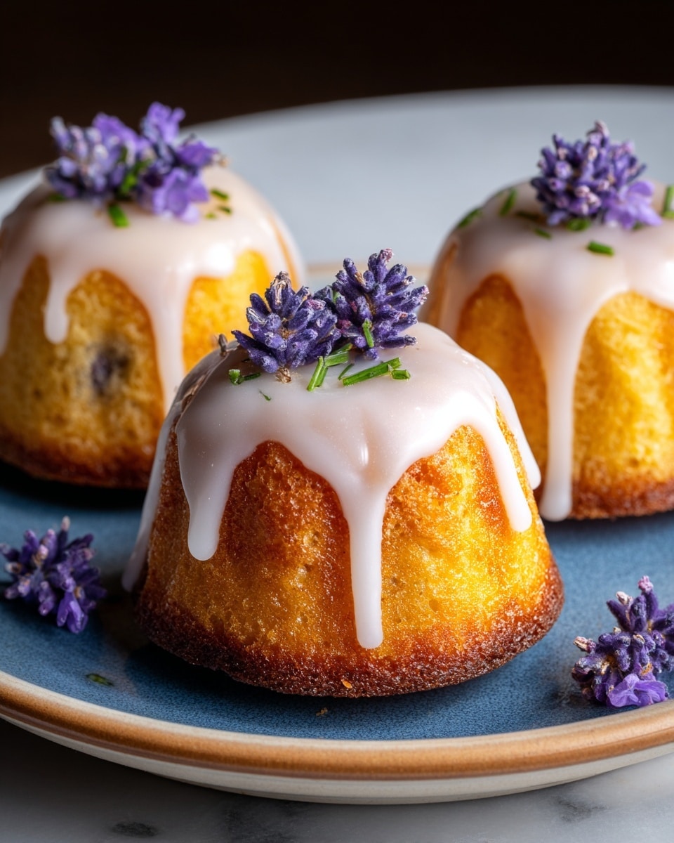 Three small bundt cakes are arranged on a round white plate with a blue center, set on a white marbled surface. Each cake is golden brown with a slightly crisp texture on the outside. On top of each cake, a smooth white glaze drizzles down the sides in irregular streams, covering the domed top and part of the sides. At the peak of each cake, there is a small bunch of purple lavender flowers with some small green chive pieces scattered around them. A few extra lavender flowers lie scattered on the plate for decoration. The photo is taken close-up, showing the soft texture of the cake and the glossy glaze. photo taken with an iphone --ar 4:5 --v 7
