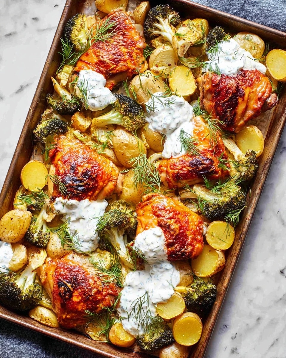 A tray of roasted chicken thighs with a golden-brown crispy skin sits among sliced yellow potatoes and browned broccoli florets on a white marbled surface. The chicken pieces show textured, slightly charred tops with a rich orange-red hue, while the potatoes are cut into thin rounds with a soft, lightly cooked look. The broccoli is small, with dark green roasted edges. Dollops of creamy white sauce with tiny herb flecks are spread across the dish, topped with sprigs of fresh dill adding a bright green contrast. photo taken with an iphone --ar 4:5 --v 7