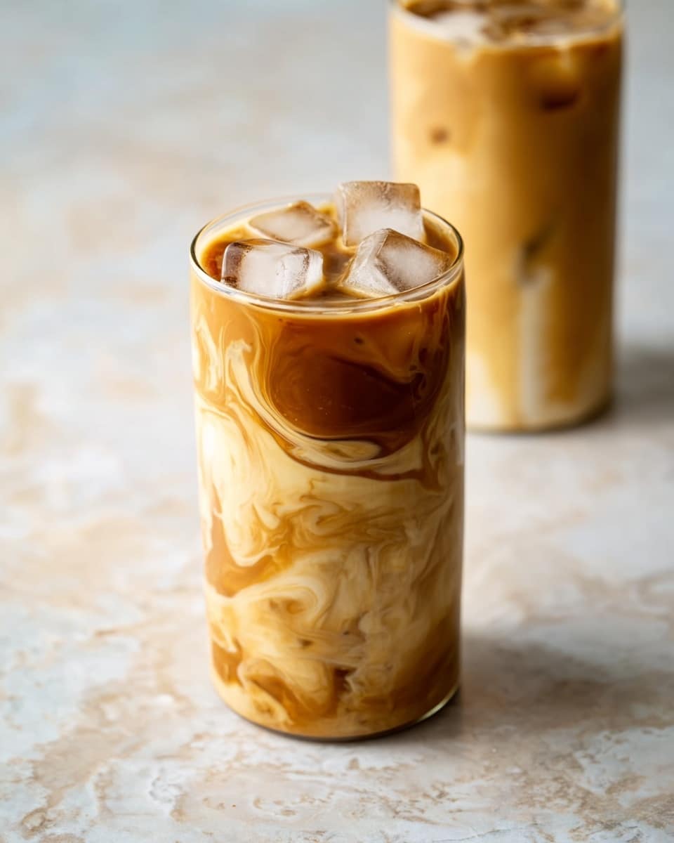 The image shows two tall, clear glasses filled with a creamy iced coffee drink. Each glass has a swirled pattern of dark brown coffee mixing into a light beige milky liquid, creating a marble effect that wraps around the sides. On top of the drink are three ice cubes floating near the rim. The glasses sit on a white marbled surface, with one glass in the foreground and the other slightly blurred in the background. Photo taken with an iphone --ar 4:5 --v 7
