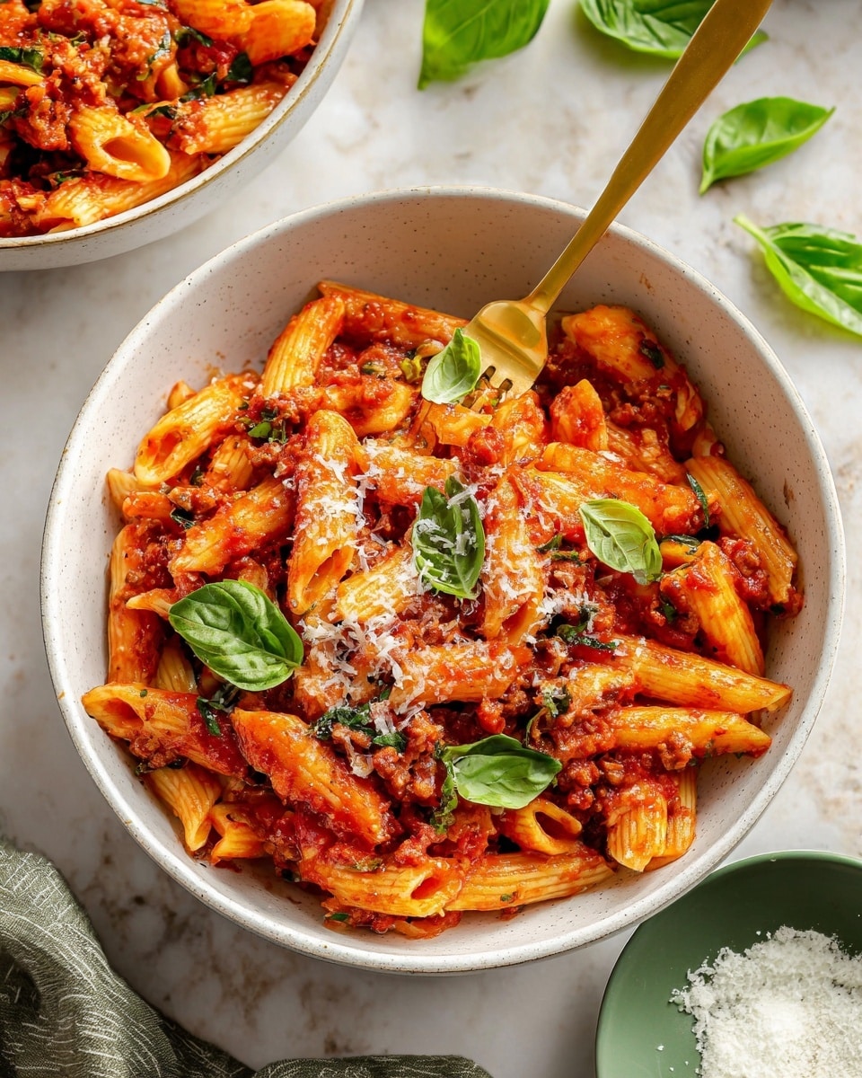 A white bowl filled with penne pasta coated in bright red tomato sauce with visible small bits of cooked ground meat. Thinly sliced fresh green basil leaves are scattered on top along with a sprinkling of finely grated white cheese. The pasta looks thick and slightly shiny from the sauce. A golden fork is placed inside the bowl, resting on the pasta. Another bowl of the same pasta is slightly visible behind it on a white marbled surface, along with a green bowl containing coarse white salt and scattered fresh basil leaves nearby. photo taken with an iphone --ar 4:5 --v 7