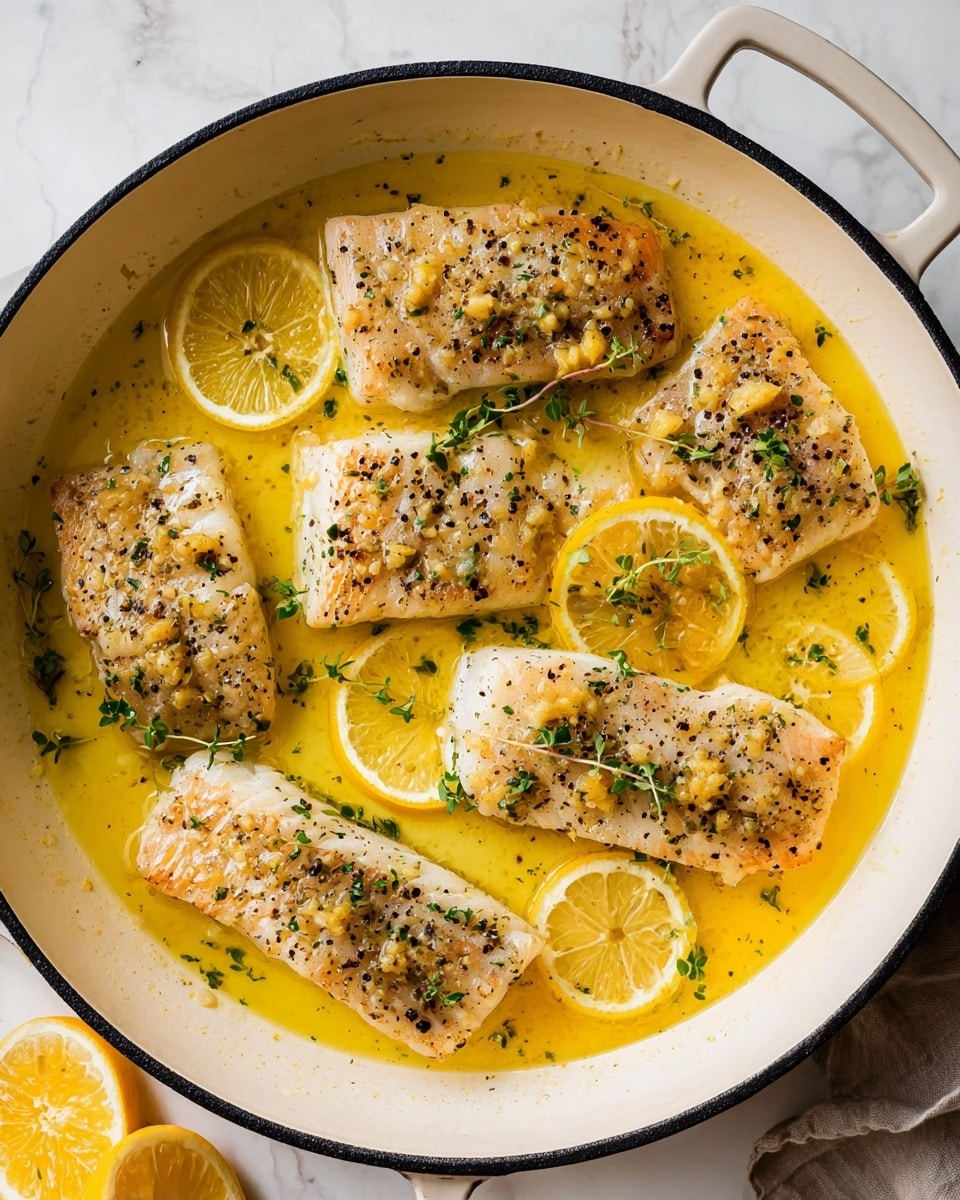 The image shows five pieces of cooked fish fillets laid flat in a white pan with a dark rim. Each piece has a light golden-brown sear on top, sprinkled with small bits of chopped garlic and black pepper. Thin, round lemon slices are placed both under and around the fish, floating in a yellow lemon butter sauce that fills the pan partially. Small green herb leaves are scattered on the fish and lemons, adding color contrast. The pan is set on a white marbled surface, and part of a sliced lemon is visible near the pan's edge. photo taken with an iphone --ar 4:5 --v 7