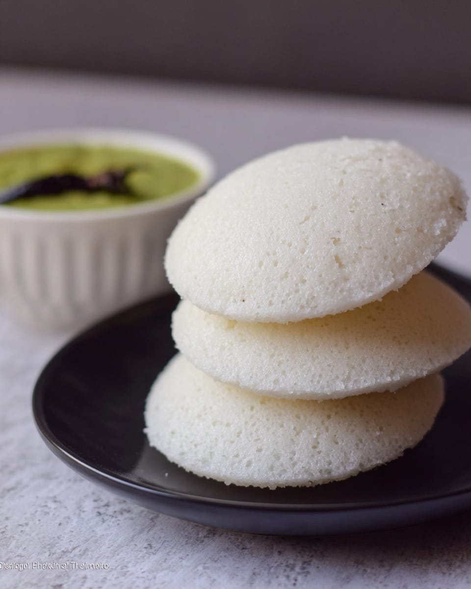 A stack of three soft, white idlis with a spongy texture is placed in the center of a black plate. The idlis are round and fluffy, slightly puffed up, with a smooth but porous surface. In the background, a white bowl with green chutney and a few dark garnishes is slightly out of focus. The whole setup is on a white marbled textured surface, creating a simple and clean presentation. photo taken with an iphone --ar 4:5 --v 7
