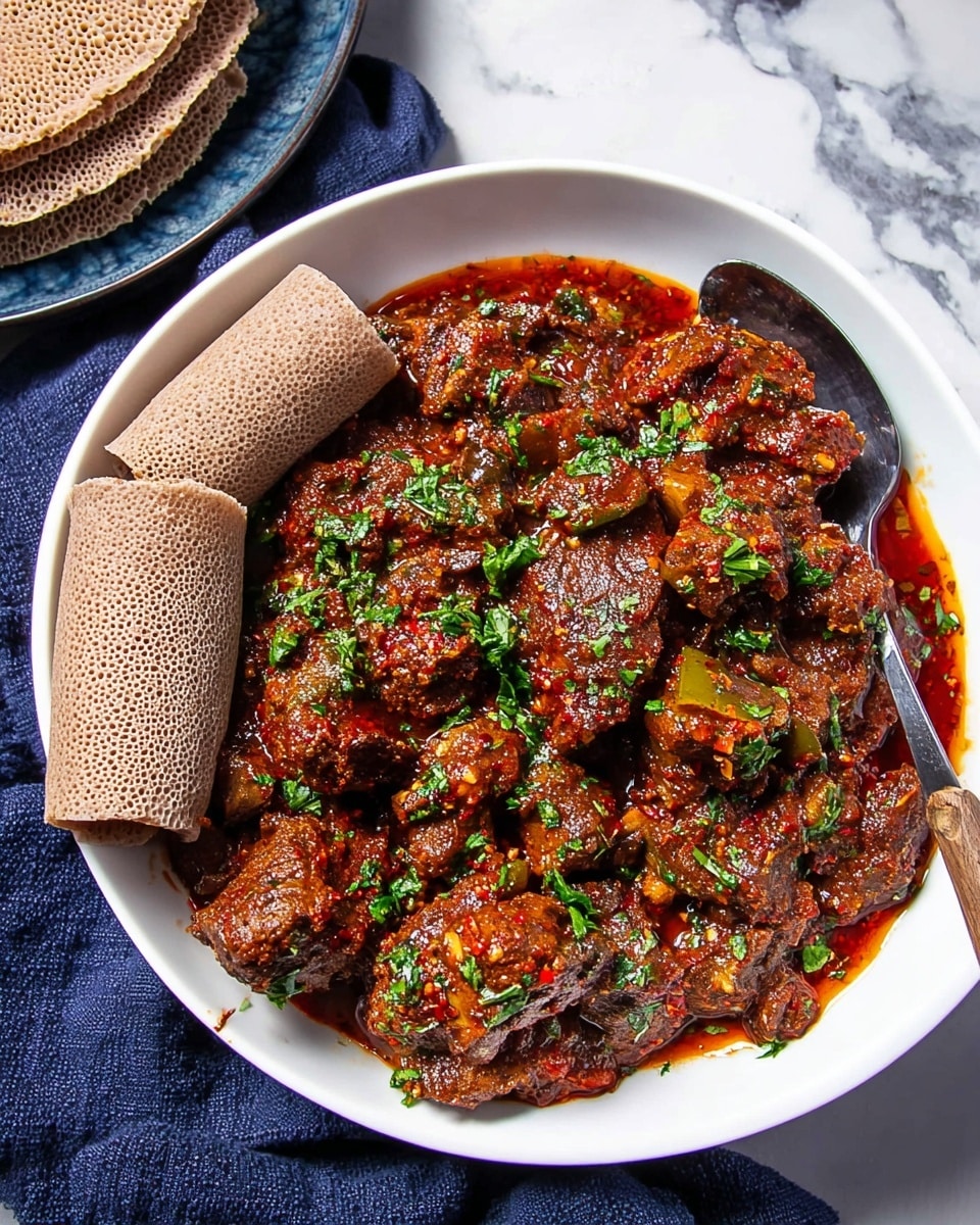 A white bowl filled with a rich, thick stew made of dark brown chunks of meat and small pieces of green bell pepper, all coated in a glossy, deep red, spicy sauce with visible chili flakes sprinkled on top. The stew is garnished with fresh chopped green herbs spread evenly over the dish. On the right side of the bowl, there are two pieces of light brown rolled injera bread resting on the edge. A dark spoon is placed inside the bowl on the right, partly submerged in the stew. The bowl is set on a white marbled surface with a navy blue cloth nearby, and part of another plate with more injera bread can be seen in the top left corner. Photo taken with an iphone --ar 4:5 --v 7