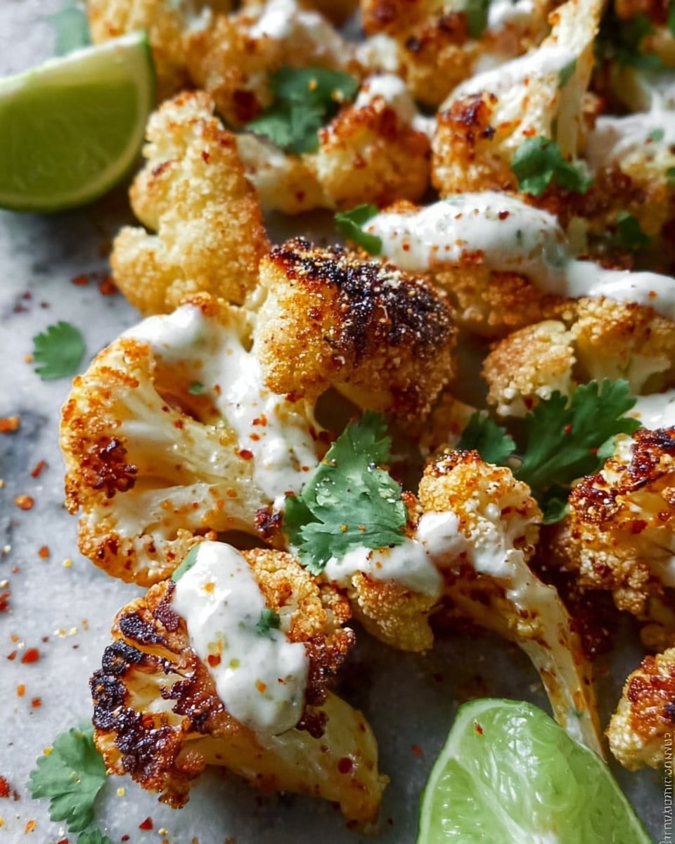 The image shows roasted cauliflower florets with a golden brown and slightly charred texture, topped with a smooth white creamy sauce drizzled unevenly over them. There are small green cilantro leaves scattered on the cauliflower and around it, adding spots of fresh color. A wedge of bright green lime is visible in the corner, resting against a white marbled surface. The cauliflower pieces are arranged closely together, filling most of the frame, with some flecks of red spice sprinkled on top. photo taken with an iphone --ar 4:5 --v 7