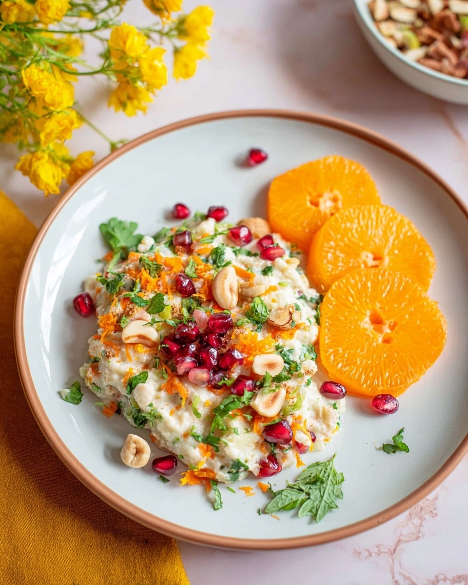 A dish is served on a white plate with a thin brown rim showing a creamy textured salad as the main layer, mixed with small bits of green herbs, orange carrot shreds, and red pomegranate seeds, with several beige nuts sprinkled on top. On one side of the salad are three bright orange carrot round slices placed on top, providing a colorful contrast. The plate sits on a white marbled texture surface with a yellow cloth nearby and yellow flowers in the corner, adding warmth to the scene. Photo taken with an iphone --ar 4:5 --v 7