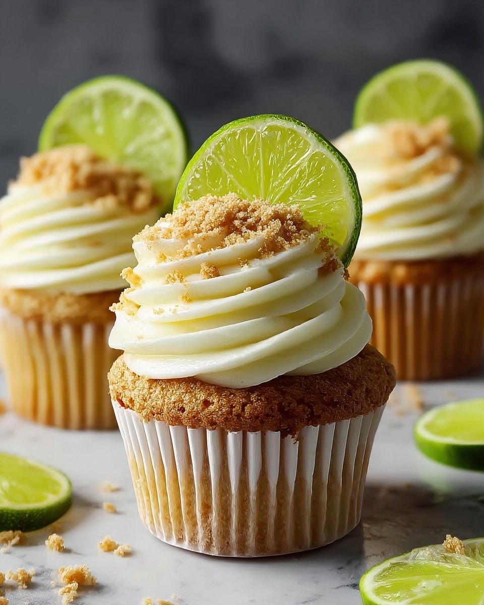 The image shows three cupcakes with a soft golden brown base held in white paper liners. Each cupcake has a thick, creamy white frosting swirled on top in smooth, defined layers. On top of the frosting, there is a sprinkle of light brown crumbly topping. Sitting upright on each cupcake's frosting is a fresh, bright green lime slice, showing its juicy texture and segments. The cupcakes are placed on a white marbled surface with a few lime slices scattered around, giving a fresh and vibrant look. Photo taken with an iphone --ar 4:5 --v 7