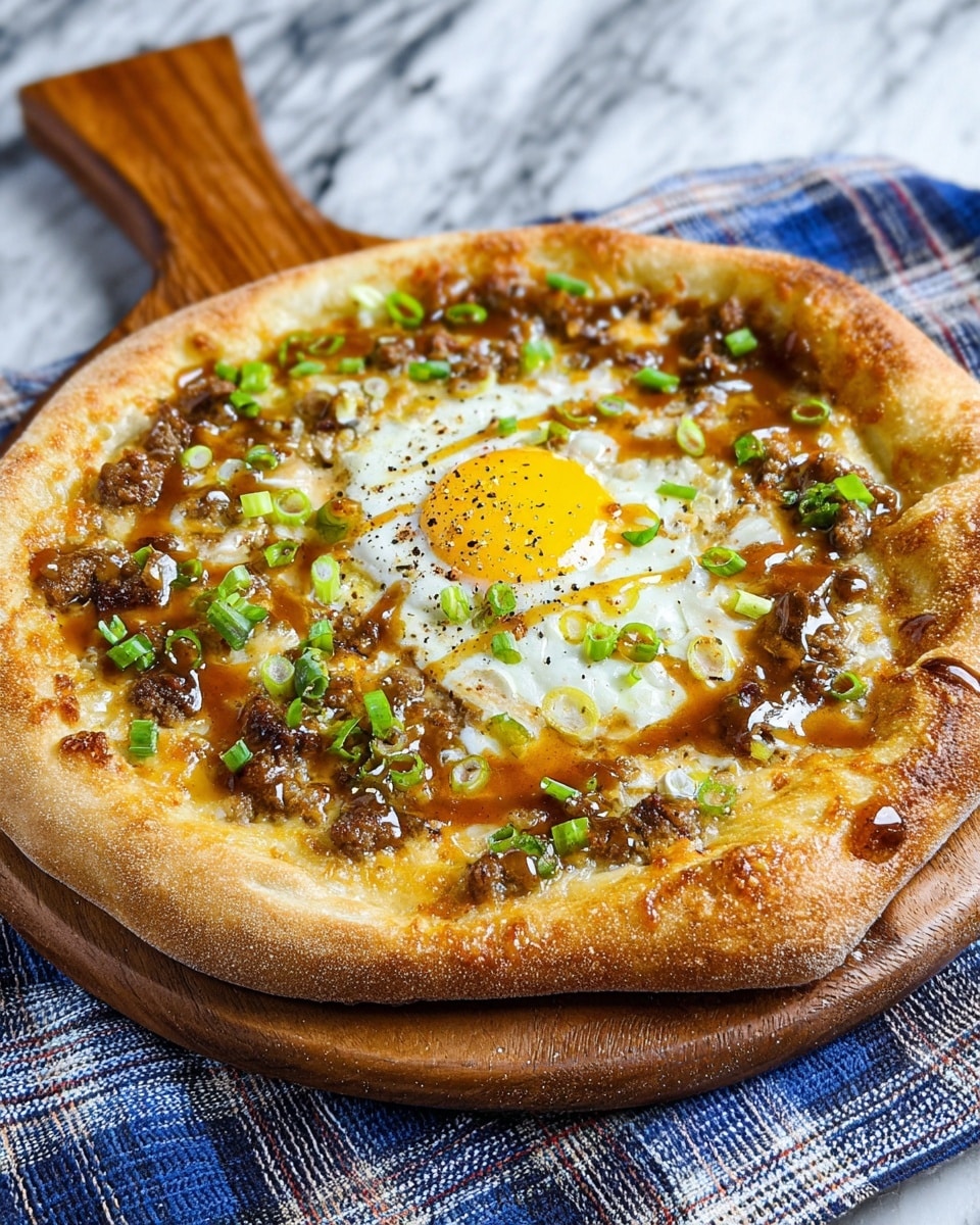 A round pizza with a thick, golden-brown crust sits on a wooden board over a blue and white checkered cloth on a white marbled surface. The pizza has a base layer of melted cheese topped evenly with browned sausage bits and small chunks of cooked onion. In the center, there is a sunny-side-up egg with a bright yellow yolk and a white edge, sprinkled with black pepper. Scattered green onion slices add a fresh green contrast, and a glossy brown sauce is drizzled across the top. The pizza looks hot and fresh, with a mix of soft and crispy textures. photo taken with an iphone --ar 4:5 --v 7