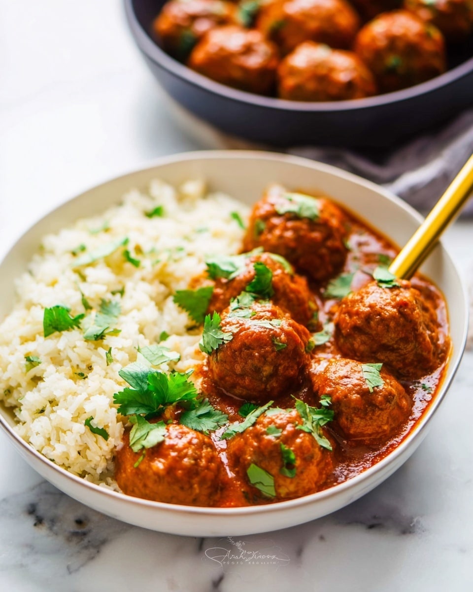 A white round bowl on a white marbled surface contains a dish with two main layers: the left side has a fluffy, light beige rice with small bits of green herbs scattered on top, while the right side has about ten round, brown meatballs covered in a thick reddish-brown sauce, garnished with fresh green cilantro leaves. A pair of long, gold chopsticks rests on the bowl's edge, with the tips touching the meatballs. In the blurred background, another dark bowl has more meatballs visible. Photo taken with an iphone --ar 4:5 --v 7