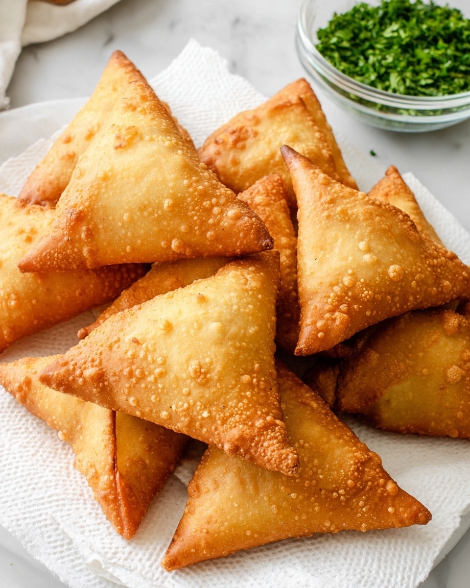 The image shows a pile of golden-brown, crispy triangular samosas arranged on a white paper towel. Each samosa has a bubbly, fried texture with some small air pockets on the surface. The samosas are stacked in a slightly overlapping way, showing their three-dimensional shape and crispy edges. In the top right corner, there is a glass bowl filled with bright green chopped herbs, all set on a white marbled surface. photo taken with an iphone --ar 4:5 --v 7
