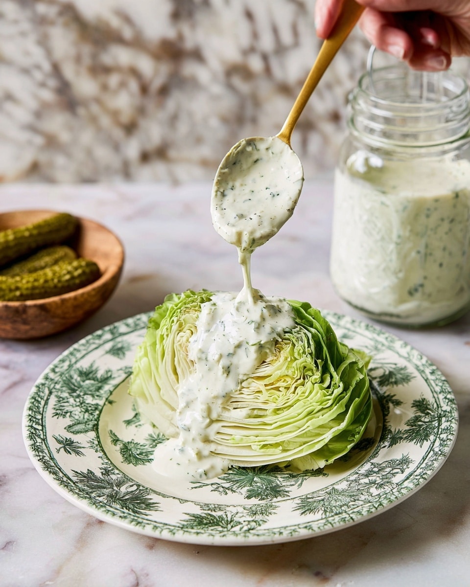A wedge of pale green iceberg lettuce with tightly packed layers sits on a white plate decorated with dark green floral patterns. A creamy white sauce with specks of herbs is being poured thickly over the top layer from a golden spoon held by a woman's hand. Behind the plate, there is a clear glass jar filled with the same sauce and a small wooden bowl containing crinkle-cut green pickles. The whole setting is laid on a white marbled surface. photo taken with an iphone --ar 4:5 --v 7