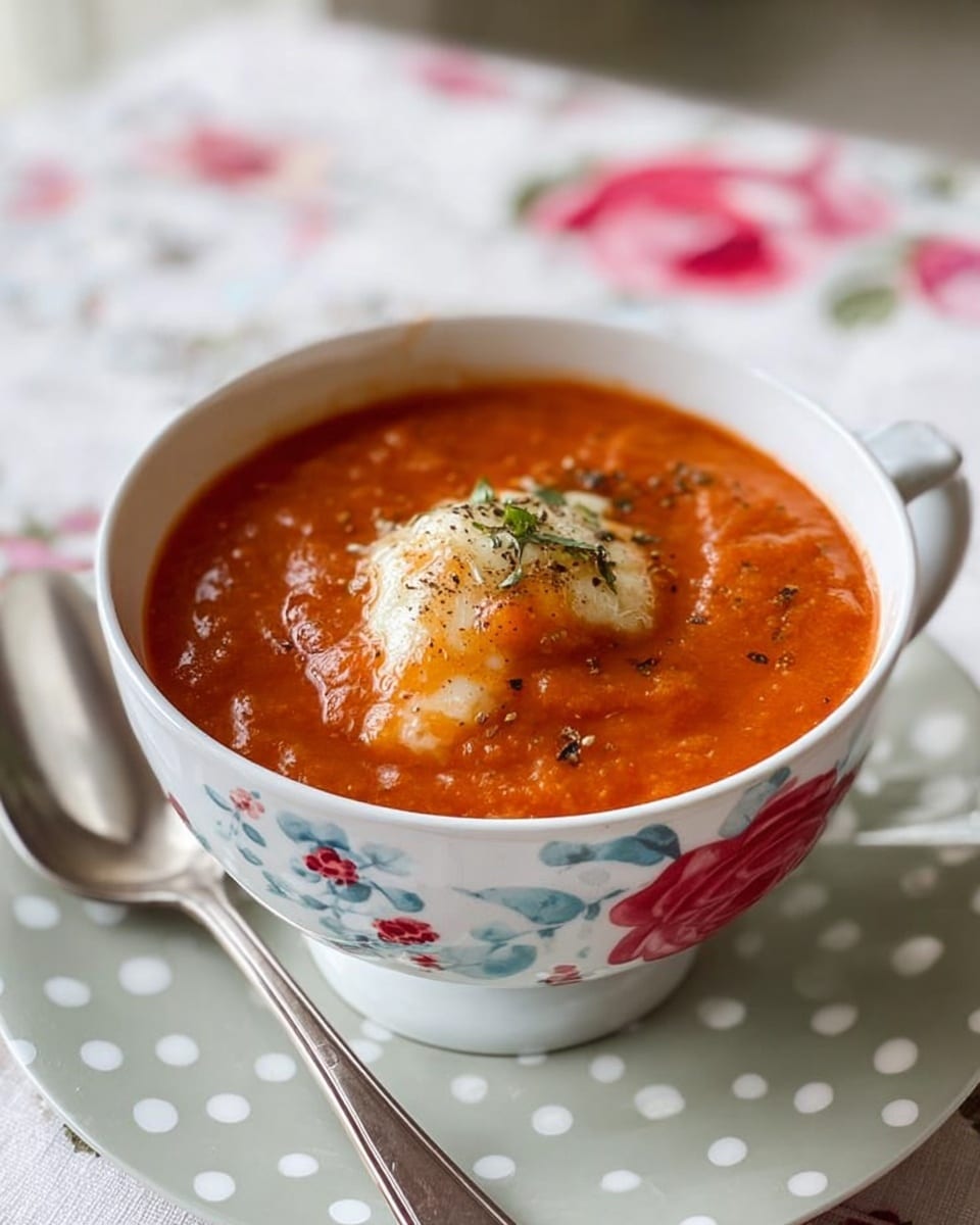 A white bowl with small red and blue flower designs is filled with thick orange-red tomato soup. On top of the soup, there is a dollop of melted white cheese that looks soft and slightly gooey, sprinkled with black pepper and a small bit of green herb. The bowl sits on a white plate with light gray polka dots, and a silver spoon rests beside the bowl. The background shows a white marbled texture underneath a floral tablecloth with pink and red flowers. photo taken with an iphone --ar 4:5 --v 7