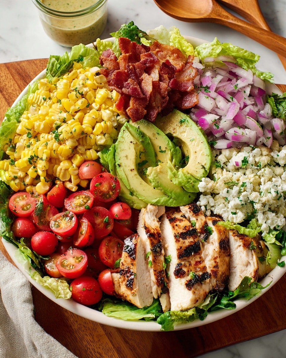A white bowl filled with a fresh, colorful salad arranged in neat sections on a bed of green romaine lettuce. Starting from the top left, there is bright yellow grilled corn with grill marks, next to crispy reddish-brown chopped bacon. To the right of the bacon, thin slices of green avocado fanned out, followed by thin purple slices of red onion. On the bottom right rests a pile of crumbled white cheese. In the center bottom, vibrant red halved cherry tomatoes are grouped, and next to them on the bottom left, slices of grilled chicken breast with visible char marks lie stacked over the lettuce. The whole salad looks lightly sprinkled with green herbs. The bowl sits on a white marbled surface with wooden salad spoons in the background. A small glass bowl of dressing is in front. Photo taken with an iphone --ar 4:5 --v 7