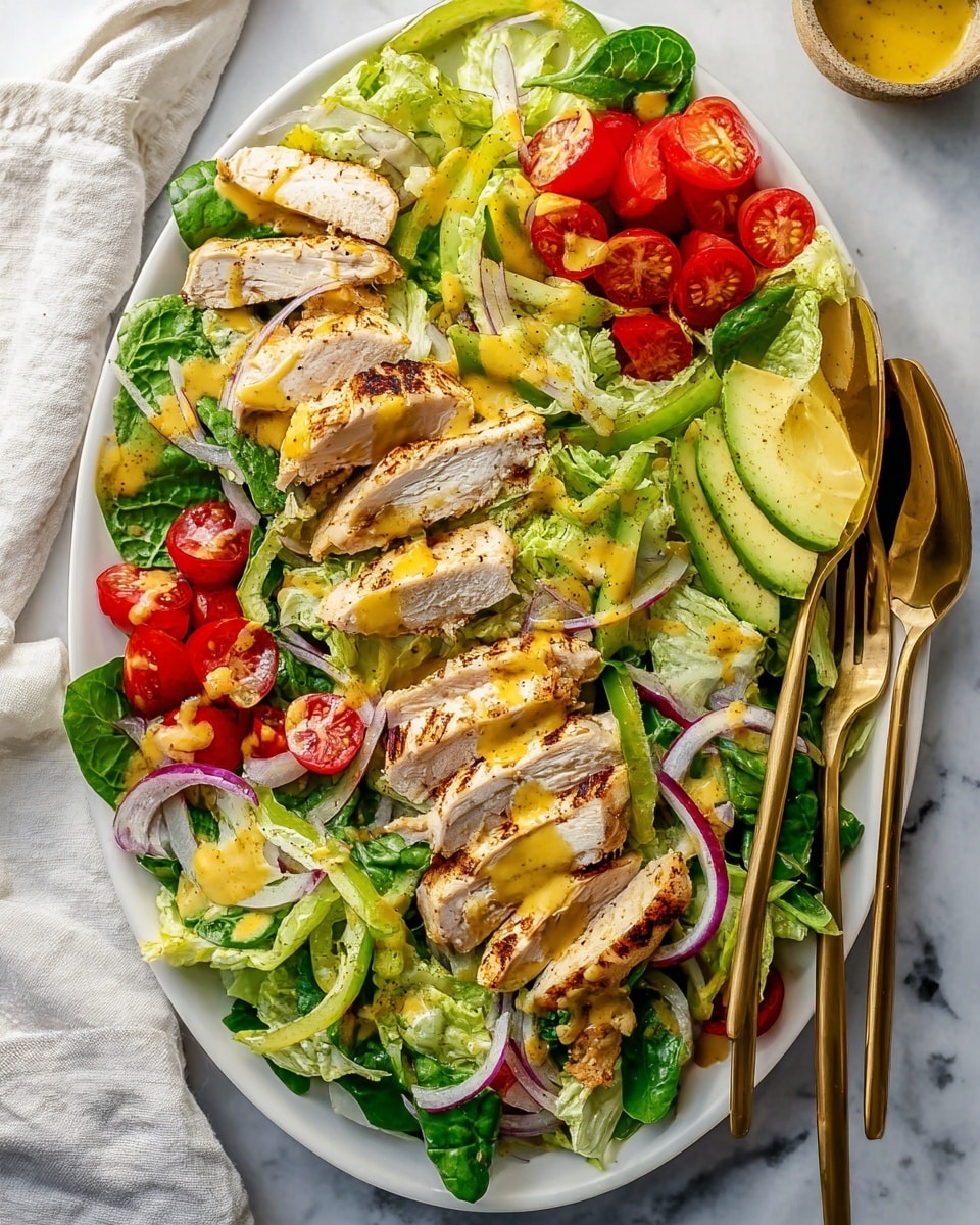 A white oval plate filled with a fresh salad showing multiple layers: the base is a mix of bright green lettuce and spinach leaves, topped with slices of creamy light green avocado. Scattered throughout are red cherry tomatoes, some whole on the vine on the right side and some halved. Thin slices of red onion add a pale purple color, while light green and yellow slices of pepper rings are spread for extra texture. On top, there are several pieces of grilled chicken breast, cut into thick strips, showing a light brown grilled exterior and white cooked inside, all drizzled with a mustard-yellow dressing. A large gold salad spoon and fork are placed on the right side of the plate, with a white marbled surface beneath and a folded white cloth on the left. Photo taken with an iphone --ar 4:5 --v 7