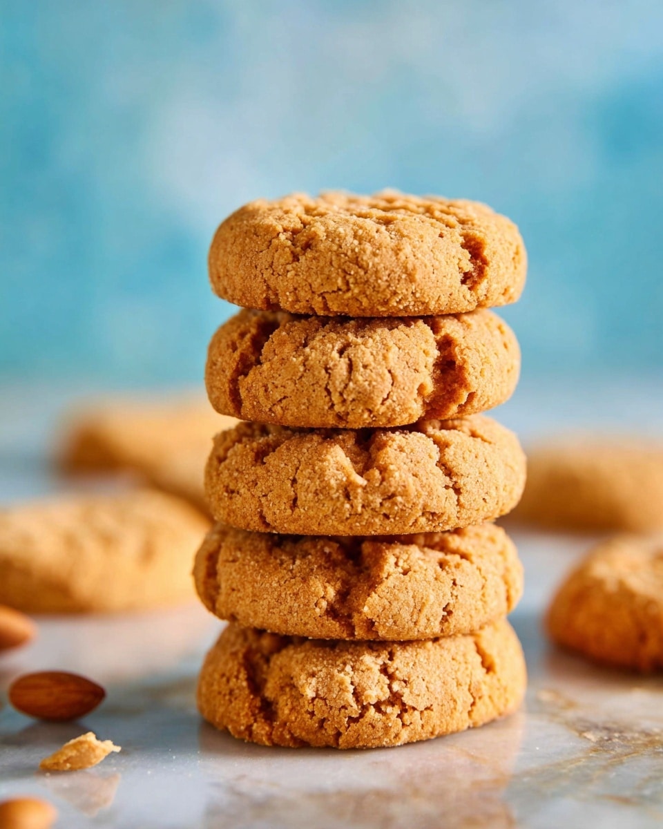 The image shows a stack of five round, golden brown peanut butter cookies with a crumbly texture, each cookie slightly cracked on the surface, placed one on top of the other on a white marbled surface. In the blurred background, there are more cookies and a few whole peanuts scattered around. The colors are warm and inviting with a soft blue backdrop that contrasts the cookies. Photo taken with an iphone --ar 4:5 --v 7