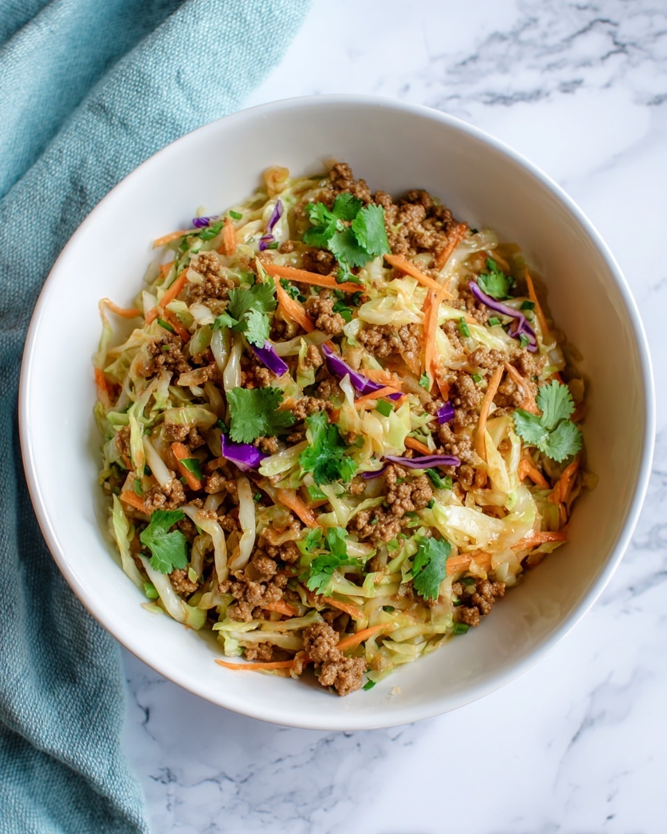 The image shows a white bowl filled with a stir-fry dish consisting of three main layers. The bottom layer is shredded cabbage in pale green and white hues mixed with thin orange carrot strips, creating a soft texture. The second layer is browned ground meat scattered evenly throughout, giving a crumbly, textured look with a rich brown color. The top layer includes small sprigs of fresh green cilantro and bits of purple cabbage, adding a fresh pop of color. The bowl is placed on a white marbled surface with a light blue cloth partially visible to the left. photo taken with an iphone --ar 4:5 --v 7