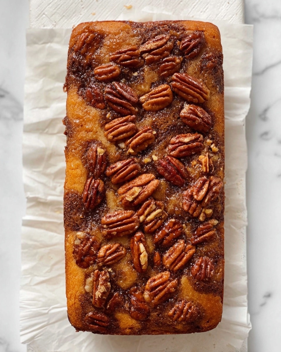 A square piece of bread pudding sits on a white plate over a white marbled surface, showing a thick bottom layer of soft, crumbly, pale bread soaked in custard, topped with a textured, darker brown layer of baked bread with cinnamon swirls and whole pecans nestled throughout. A shiny, golden caramel sauce is drizzled generously over the top, running down the sides and pooling slightly on the plate, with a few extra whole pecans scattered around the base, alongside a gold fork resting in the background. Photo taken with an iphone --ar 4:5 --v 7