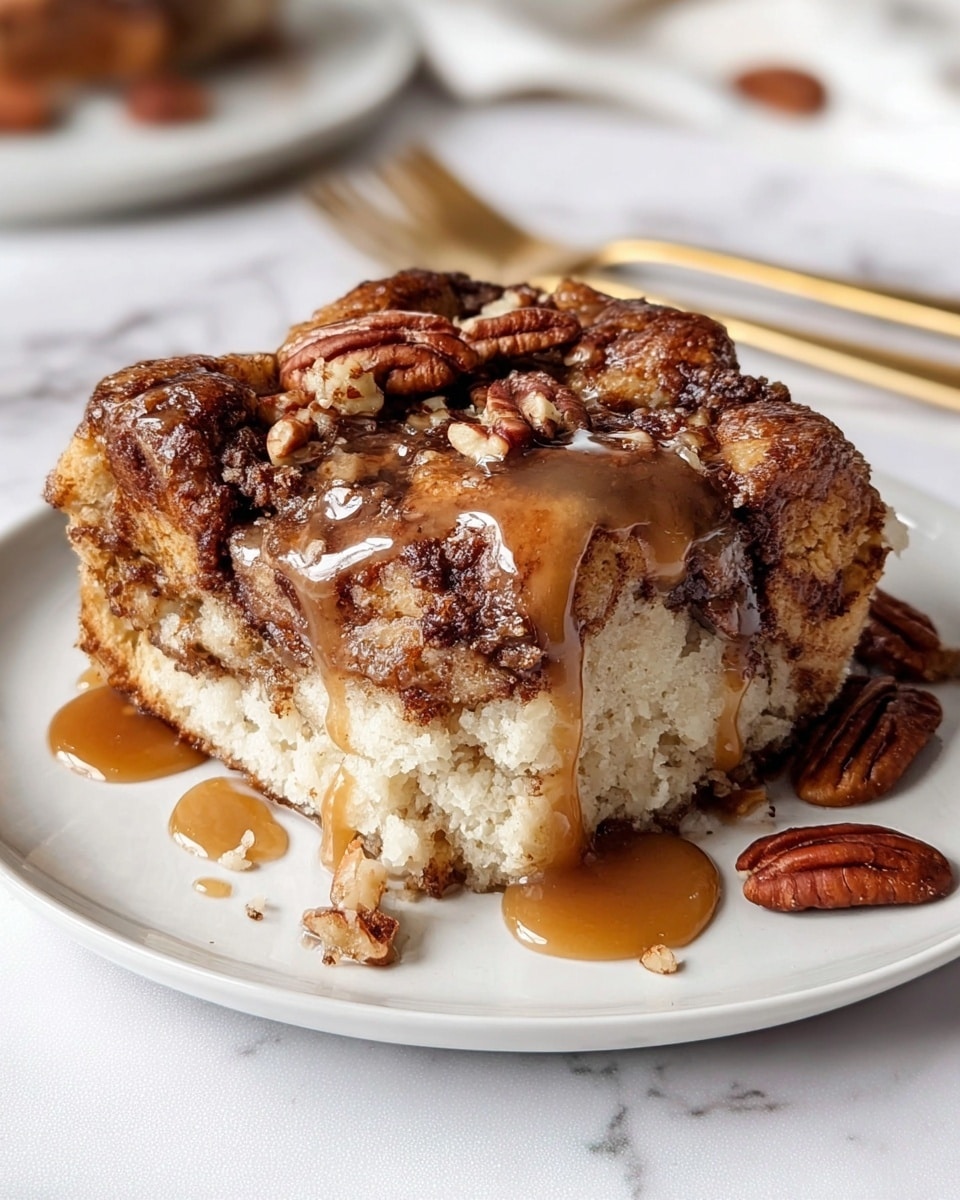 A rectangular baked dessert with a golden-brown top layer covered with scattered whole and halved pecans, creating a textured and slightly glossy surface. Below the nut layer is a warm, cinnamon-spiced dough with visible darker swirls and patches, suggesting a soft and moist inside. The piece rests on white parchment paper with ruffled edges, placed on a white marbled surface. photo taken with an iphone --ar 4:5 --v 7