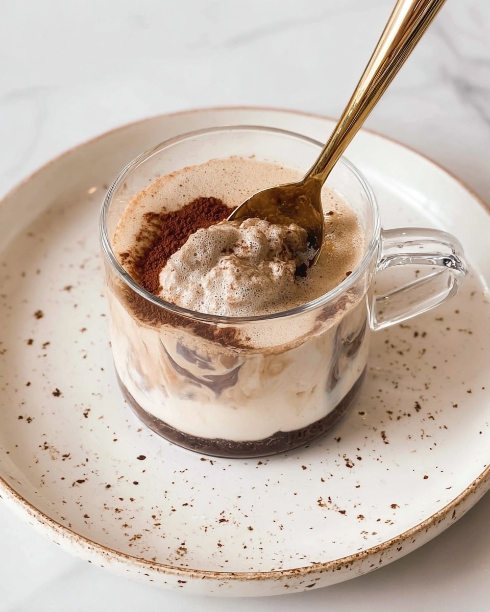 A clear glass cup with a handle holds a layered dessert with two visible layers. The bottom layer is dark brown, smooth and slightly thick. Above this, there is a light cream-colored layer, soft and fluffy, covering the top evenly. The top surface is sprinkled with a dusting of fine, dark brown powder that spreads across half of the cream layer. The cup is placed on a white plate with some scattered powder around it. The background shows a white marbled texture with a gold spoon and an out-of-focus round object in soft light. photo taken with an iphone --ar 4:5 --v 7