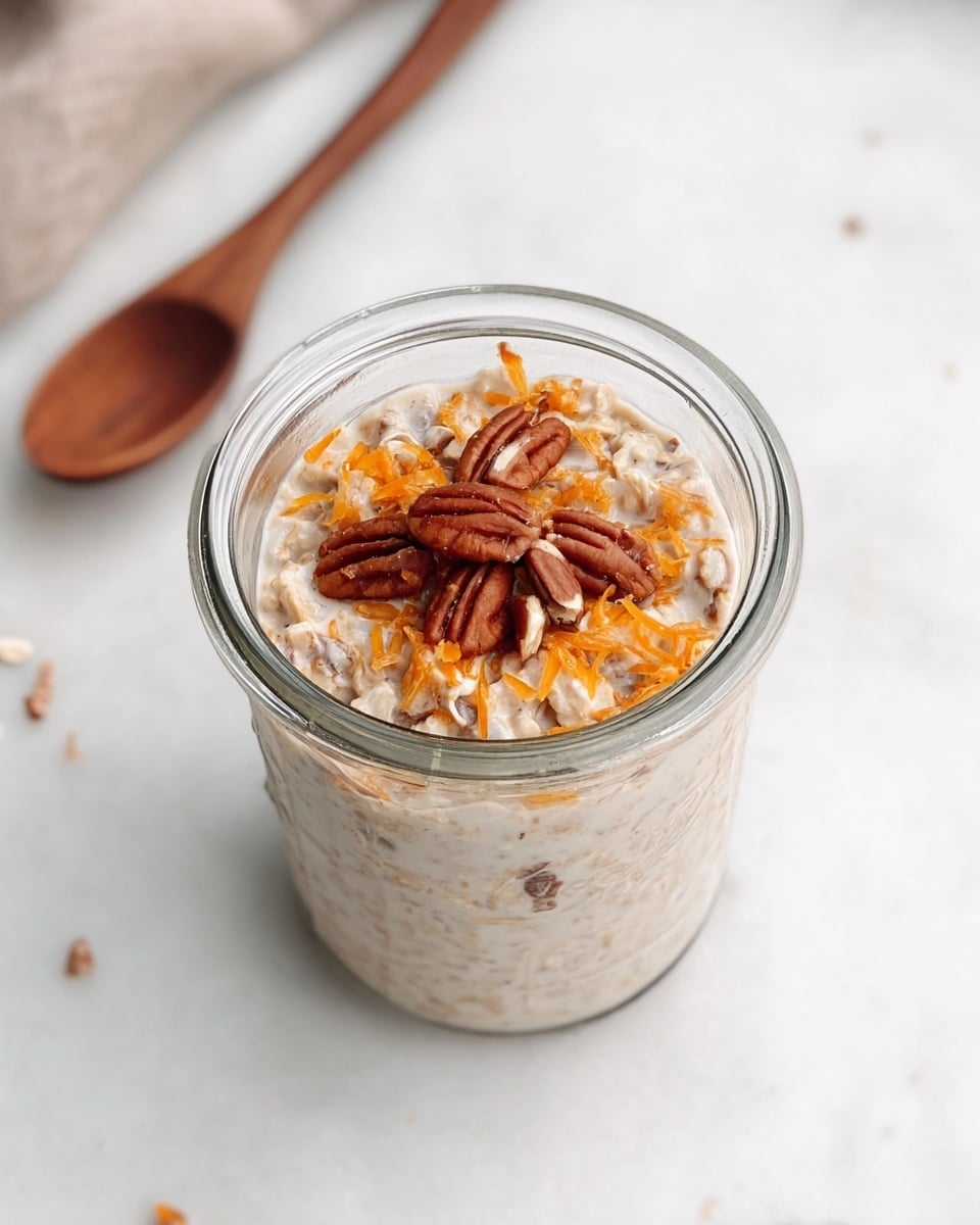 The image shows a small glass jar filled with a creamy, speckled mixture that has a light beige base with small dark and orange bits spread evenly throughout, likely from seeds and grated carrot. The texture looks thick and slightly chunky, topped with a few dark brown pecan pieces scattered on the surface. The jar is placed on a white marbled textured surface, with a blurred wooden spoon in the background. The overall look is fresh and wholesome, with a natural color mix and simple presentation. photo taken with an iphone --ar 4:5 --v 7