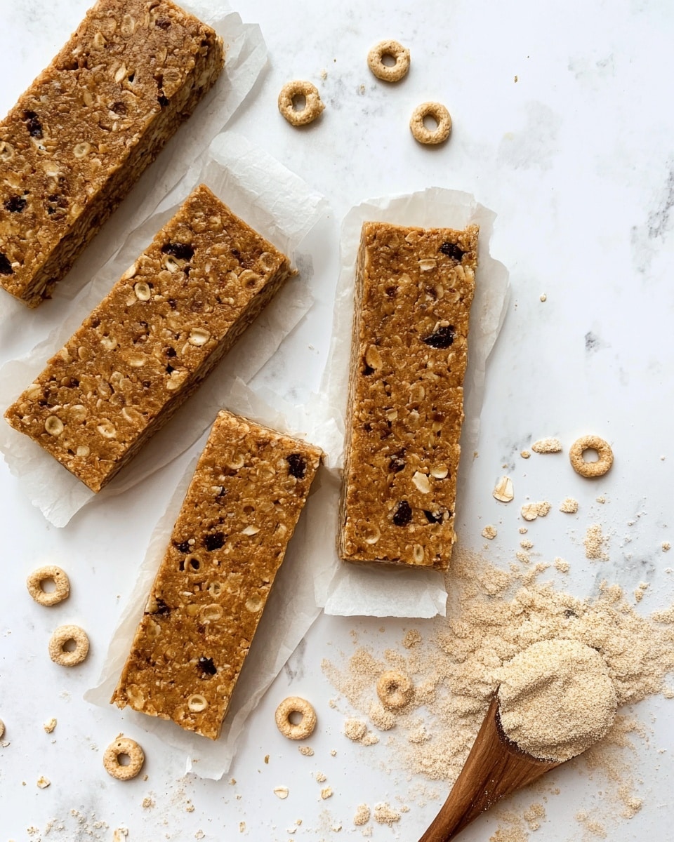 The image shows five rectangular homemade granola bars with a rough texture and visible oats and small dark bits inside, placed on small pieces of white parchment paper. They are arranged on a white marbled surface. Scattered around the bars are several pieces of light beige circular cereal and some tiny dark crumbs. On the right side, a wooden spoon filled with light brown powder rests on the white marbled surface, with some powder spilled around it. The granola bars have a golden-brown color with an uneven surface, showing the oat and nut pieces embedded inside. photo taken with an iphone --ar 4:5 --v 7