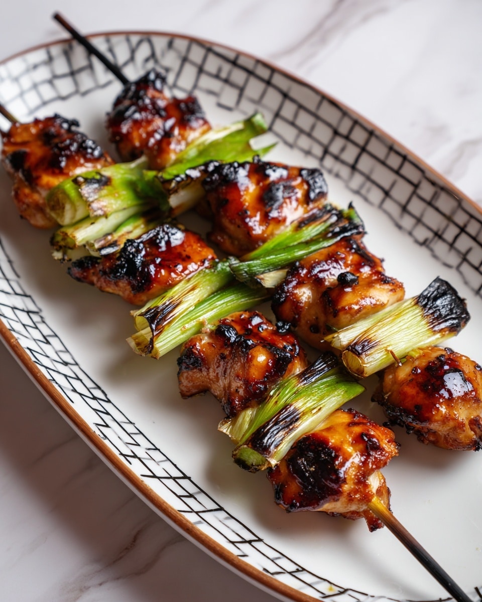 Two skewers of grilled chicken and green onions lie diagonally on a white plate with a black grid pattern, bordered by a bamboo frame. Each skewer has alternating pieces of glossy, golden-brown grilled chicken and charred, light green onion sections. The chicken pieces show caramelized edges and a slightly sticky texture from sauce or glaze. The white plate sits on a white marbled surface. Photo taken with an iphone --ar 4:5 --v 7