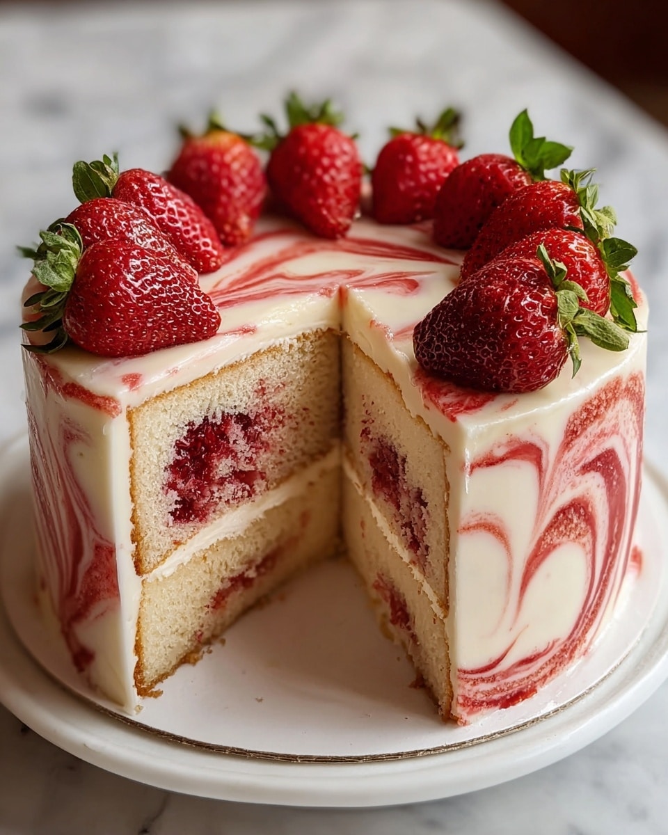 A round cake with a slice cut out showing two layers of light beige sponge cake swirled with red berry filling inside. The outside is coated with smooth white frosting that has red berry swirls running through it. On top of the cake, there is a ring of bright red strawberries with green leaves around the edge. The cake sits on a white plate atop a white marbled surface. Photo taken with an iphone --ar 4:5 --v 7