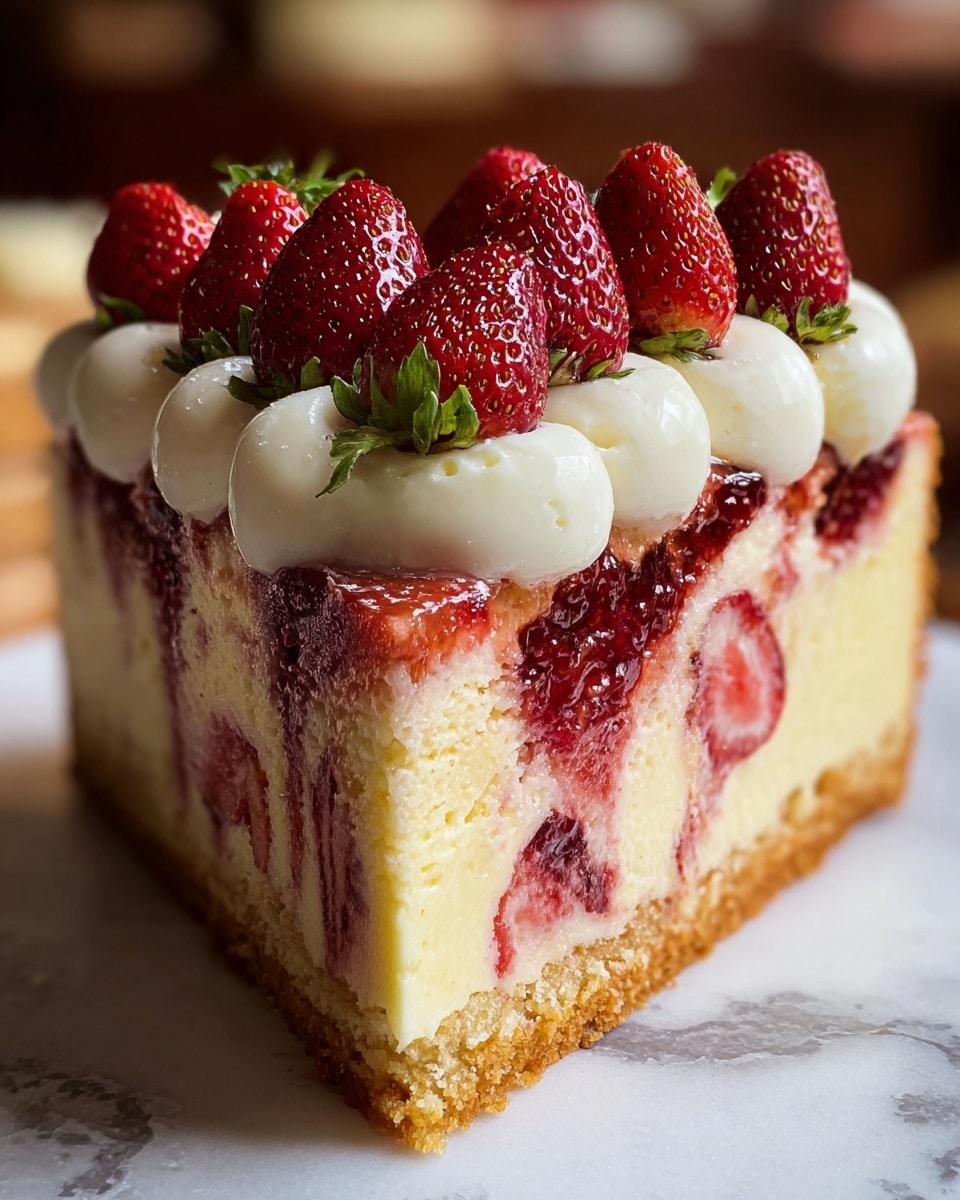 A slice of cake with three clear layers is shown on a white marbled surface. The bottom layer is a golden-brown crust with a slightly rough texture. The middle layer is thick, light yellow with swirls of red strawberry jam running through it, giving it a marbled look. The top layer consists of white cream dollops evenly placed around the edge, each with a glossy, smooth texture. On top of the cream, there are fresh, shiny red strawberries with green leaves, arranged closely together and looking juicy. The background is softly blurred, drawing attention to the rich colors and textures of the cake. photo taken with an iphone --ar 4:5 --v 7