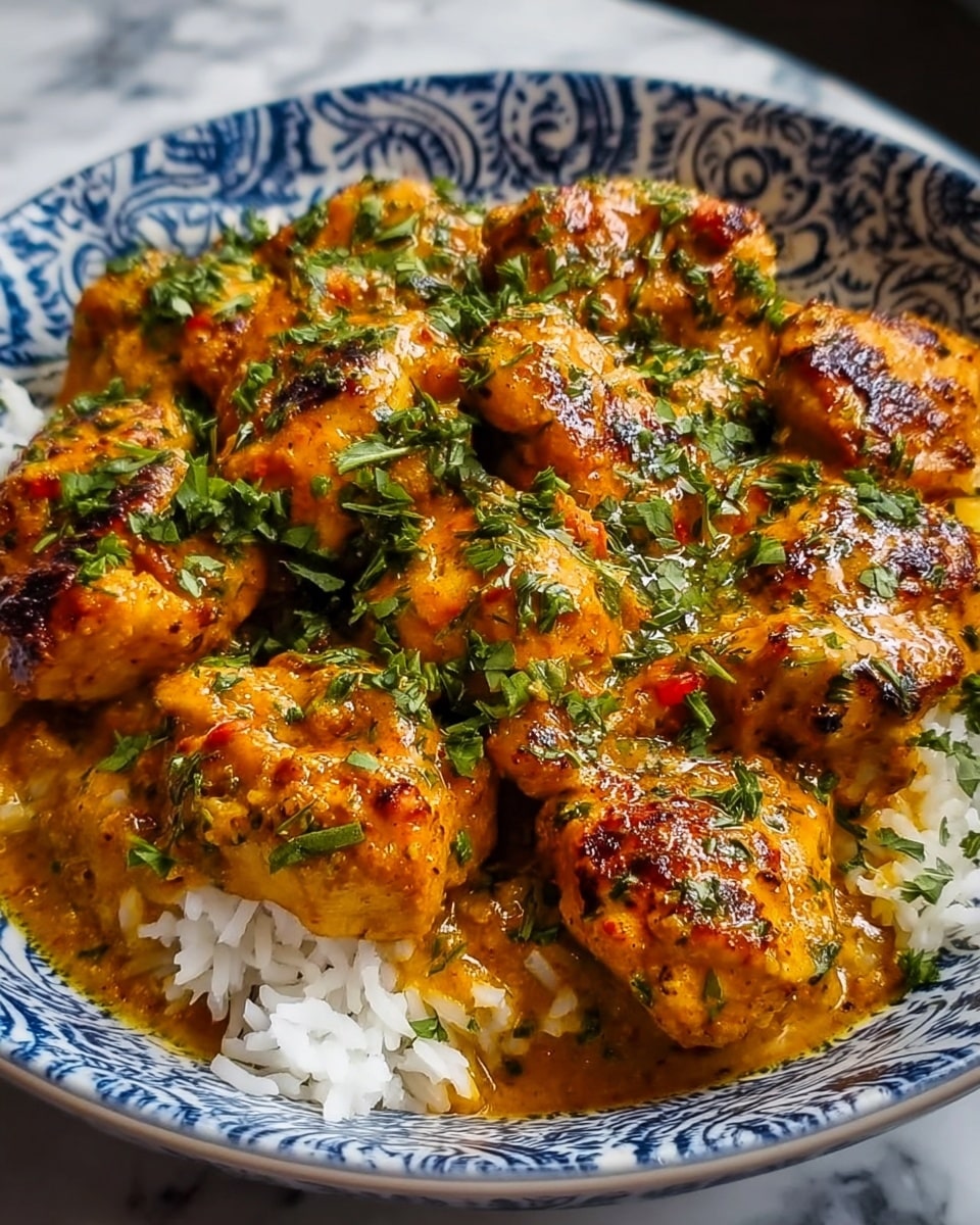 A white bowl with a blue intricate pattern holds a dish with two main layers; the bottom layer is a bed of fluffy white rice, while the top layer is made up of well-cooked, golden brown chicken pieces covered in a slightly thick, orange curry sauce. The chicken is slightly charred in places and is sprinkled generously with chopped fresh green herbs. The bowl sits on a white marbled surface. Photo taken with an iphone --ar 4:5 --v 7