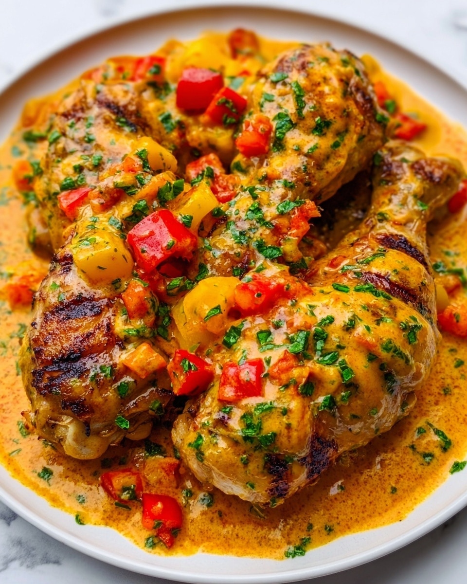 The image shows a white plate with three pieces of golden-brown grilled chicken legs, each topped with a thick, creamy orange sauce. On top of the chicken and sauce, there are small chunks of red and yellow bell peppers mixed with finely chopped green herbs, adding vibrant touches of color. The sauce appears rich and slightly textured, coating the chicken generously. The background is a white marbled surface. Photo taken with an iphone --ar 4:5 --v 7