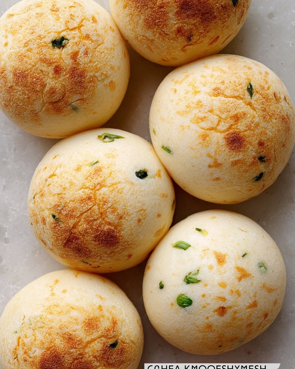 Seven round Korean mochi breads are closely placed on a white marbled surface, showing their cracked, pale golden crusts with a slightly rough texture. The bread is soft with a light beige to off-white color, and a few pieces include small green chive bits embedded into the surface, adding a touch of green contrast. The breads have a slightly irregular, handmade look with subtle color variations and a puffy, chewy appearance. photo taken with an iphone --ar 4:5 --v 7