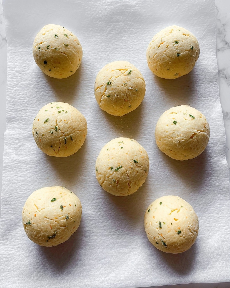 The image shows nine pale yellow dough balls arranged with space between them on white parchment paper. Most dough balls have a smooth, slightly cracked surface with light beige patches, while two balls near the center contain small green herb pieces on top, adding a touch of color. The dough balls are evenly spaced in a grid-like pattern on the parchment, which rests on a white marbled surface. The lighting is soft and natural, highlighting the texture and color of the dough clearly. photo taken with an iphone --ar 4:5 --v 7