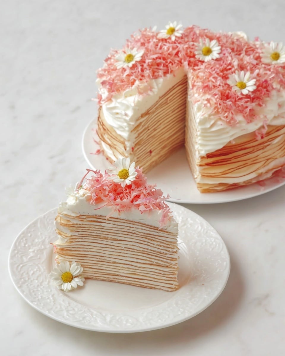 The image shows a multilayered crepe cake with about 20 thin, light beige crepe layers separated by smooth white cream layers, stacked evenly. The top and sides of the cake are covered with white cream, decorated with raw pink shredded topping that looks soft and slightly translucent, scattered with small white and yellow edible daisy flowers. The cake slice is placed on a white decorative plate with a subtle embossed pattern, while the larger remaining cake sits on a plain white plate, all set on a white marbled surface. Photo taken with an iphone --ar 4:5 --v 7