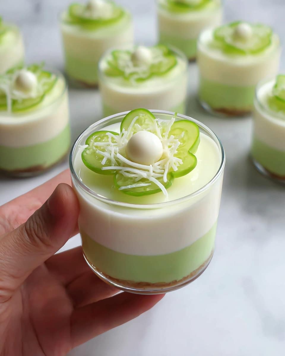 A small clear glass cup shows a three-layered dessert held by a woman's hand. The bottom layer is light green, smooth and even. The middle layer is creamy white and thick. The top is a shiny white layer with three thin green slices arranged like flower petals in the center. On top of these slices are thin white shreds and a small white round candy in the middle. Behind this cup, there are more identical cups on a white marbled surface. photo taken with an iphone --ar 4:5 --v 7