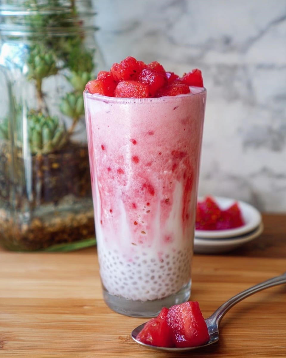 A tall clear glass is filled with three layers: the bottom layer is white with tiny tapioca pearls giving a bumpy texture; the middle layer is a mix of pink and white with a smooth creamy look and red specks scattered around; the top layer has small heart-shaped red fruit pieces piled high, showing a juicy and fresh texture. The glass sits on a wooden surface with a silver spoon nearby holding some more heart-shaped fruit pieces. The background shows a clear jar with plants inside on a white marbled textured surface. photo taken with an iphone --ar 4:5 --v 7