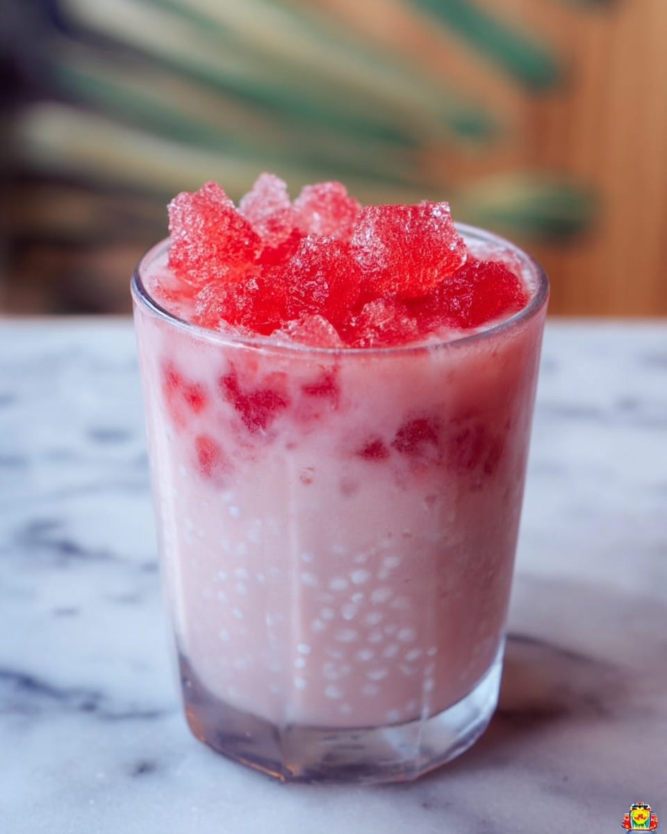The image shows a clear glass filled with three main layers. The bottom and middle layers contain a light pink creamy mixture with small round tapioca pearls throughout, giving a slightly bumpy texture. On the very top, there is a layer of bright red crushed ice or frozen fruit pieces that add a rough texture and vibrant color contrast. The glass is placed on a white marbled surface, with a blurred background. photo taken with an iphone --ar 4:5 --v 7