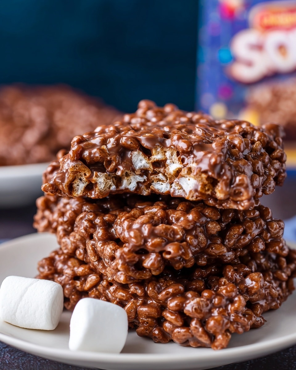 A close-up view of three stacked chocolate rice krispie treats on a white plate, with the top treat showing a bite taken out, revealing the light, crispy rice cereal inside coated in glossy milk chocolate. The treats have a rough, bumpy texture from the puffed rice, covered in a thick, shiny layer of melted chocolate. Two small white marshmallows sit in front of the stack on the plate. The background is softly blurred with dark and blue tones and hints of colorful shapes. photo taken with an iphone --ar 4:5 --v 7