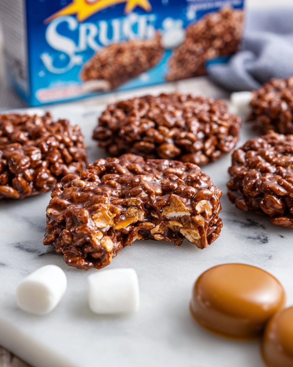 The image shows several round, chocolatey cereal treats with a rough texture made of puffed rice and caramel. The treats are dark brown with a shiny, sticky surface and some lighter brown caramel pieces embedded. One treat in the center has a bite taken out, showing an airy, crispy inside layer with some small holes. Behind the treats are two smooth caramel candies, light brown and glossy, resting on a white marbled surface. A few small white marshmallows are scattered near the treats. The background includes a blurred cereal box with blue, white, and yellow text. photo taken with an iphone --ar 4:5 --v 7