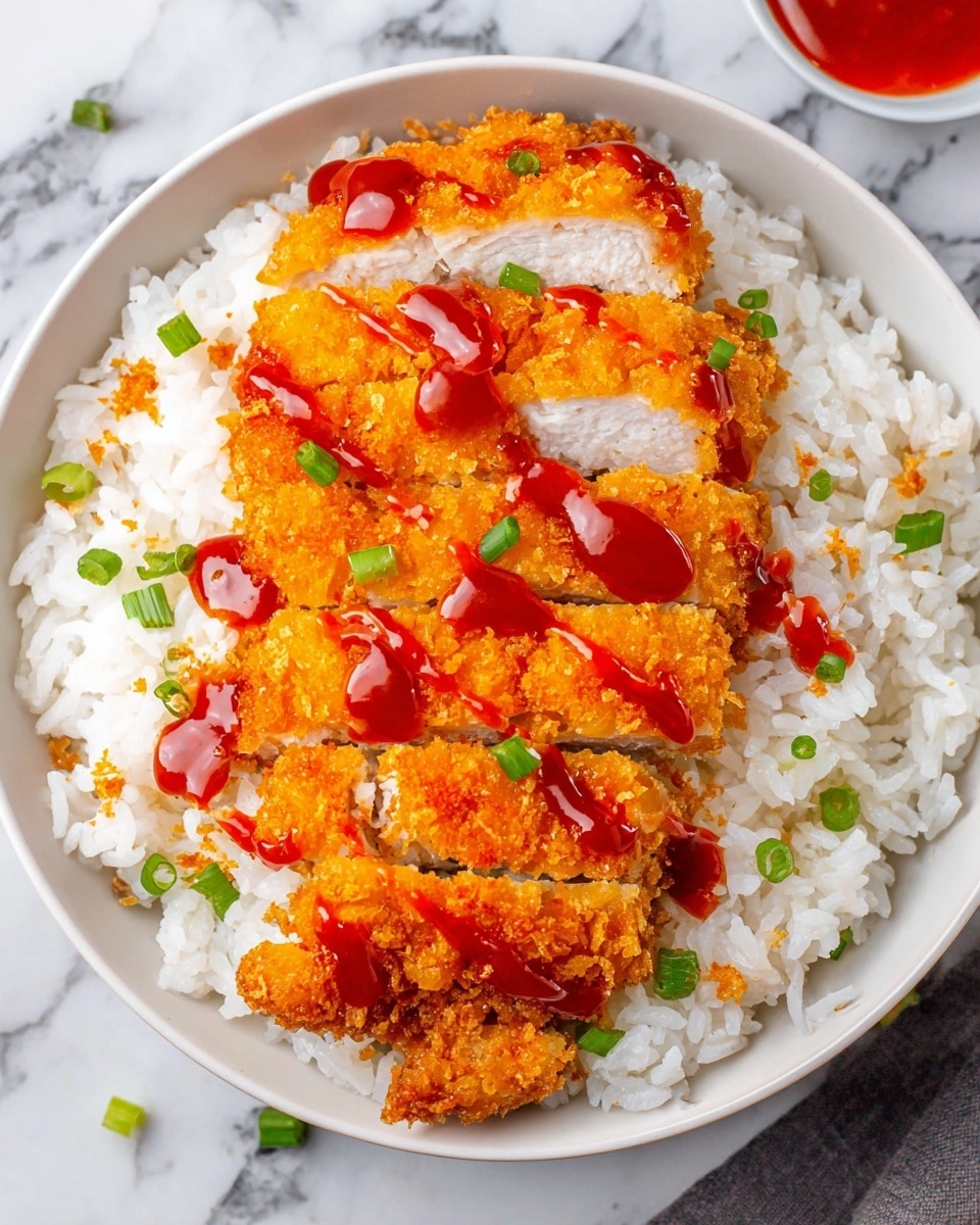 A bowl of white rice topped with sliced golden brown crispy chicken arranged in one layer, each piece showing white tender meat inside with a crunchy orange coating. A thick red sauce is drizzled in a line over the chicken. Small green chopped scallions are sprinkled over the chicken and rice, adding spots of color. The bowl is white and sits on a white marbled surface. Photo taken with an iphone --ar 4:5 --v 7