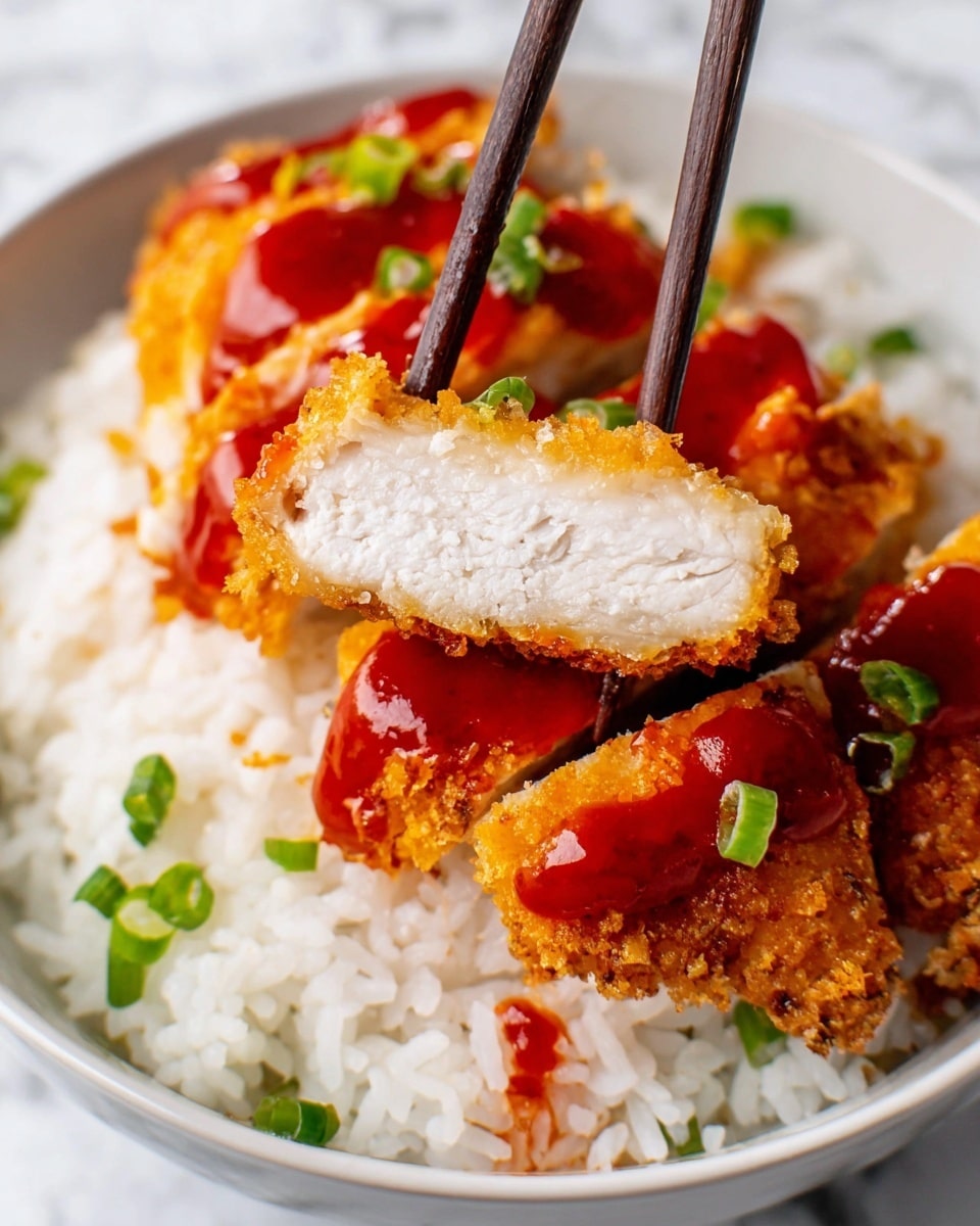 The image shows a dish with two main layers on a white bowl. The bottom layer is white steamed rice with a fluffy texture, scattered with small pieces of chopped green onions. On top, there is a sliced piece of golden brown crispy chicken with a crunchy crust, each slice topped with a drizzle of shiny red sauce and garnished with bits of green onion. A pair of dark brown chopsticks is holding one slice of chicken above the rice, focusing on the juicy white meat inside the crispy crust. The background surface is a white marbled texture. Photo taken with an iphone --ar 4:5 --v 7