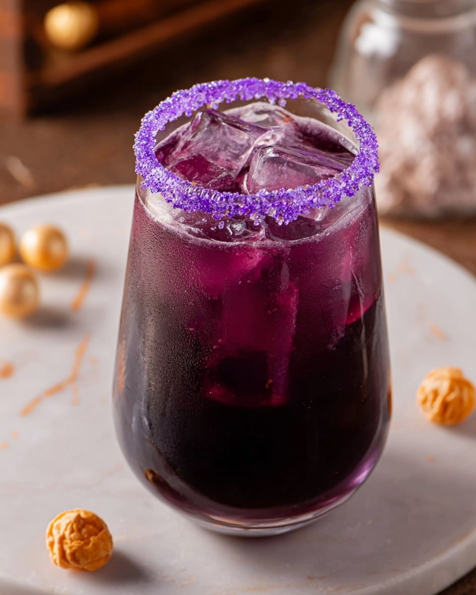 A tall, curved clear glass filled with dark purple drink and ice cubes floating on top, creating a glossy texture. The glass rim is decorated with a thick layer of bright purple sugar crystals that sparkle. The glass sits on a smooth white marbled surface with a faint, soft shadow below. Nearby, there are small warm-toned objects that add a cozy feeling to the scene. photo taken with an iphone --ar 4:5 --v 7